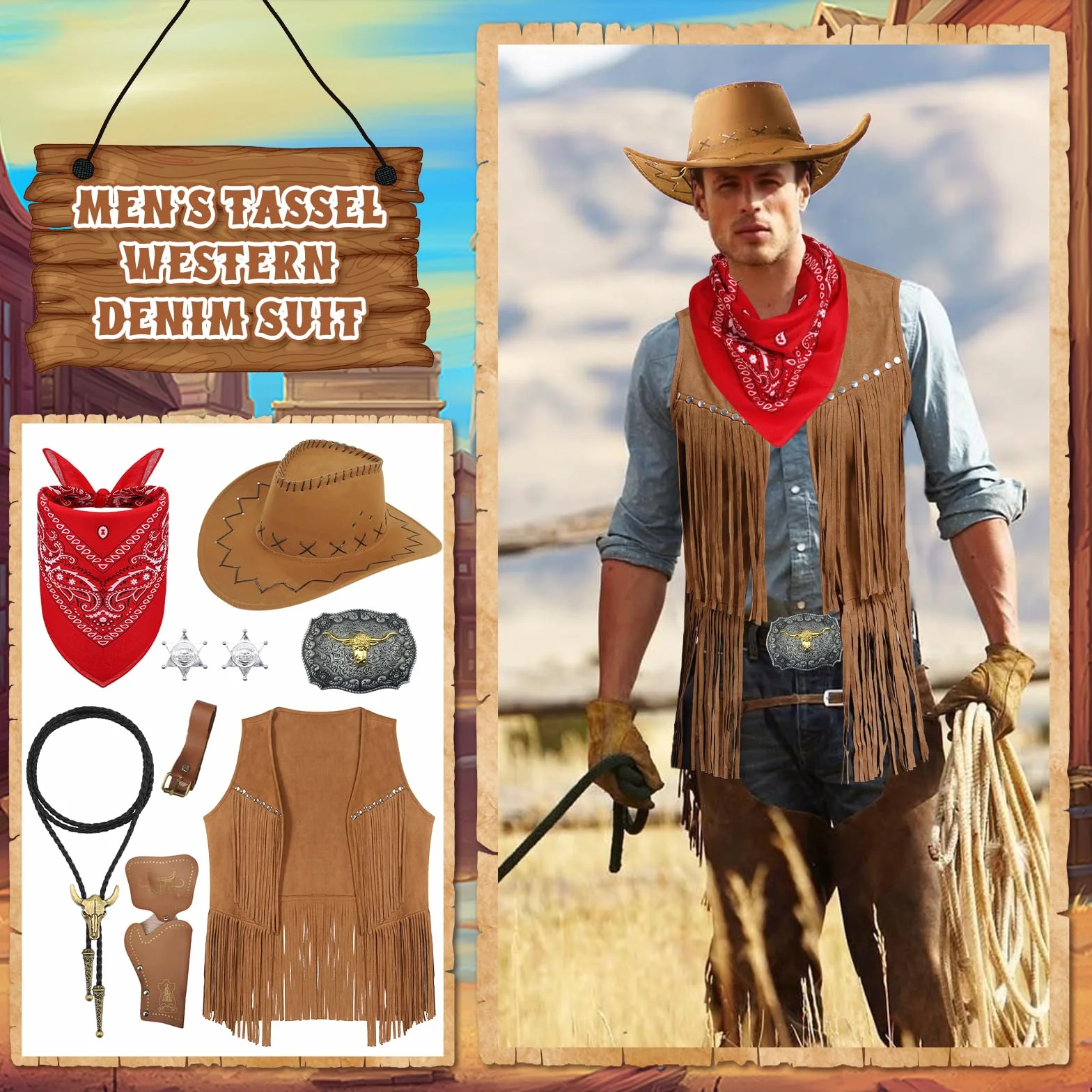 9 Stück Cowboy Kostüm Zubehör Set für Herren, Western Cowboy Cosplay Kleidung Kit mit Hut Quastenweste Bandana Holster Gürtel Boloschnalle Krawatte Halskette Sheriff Abzeichen für Karneval Fancing