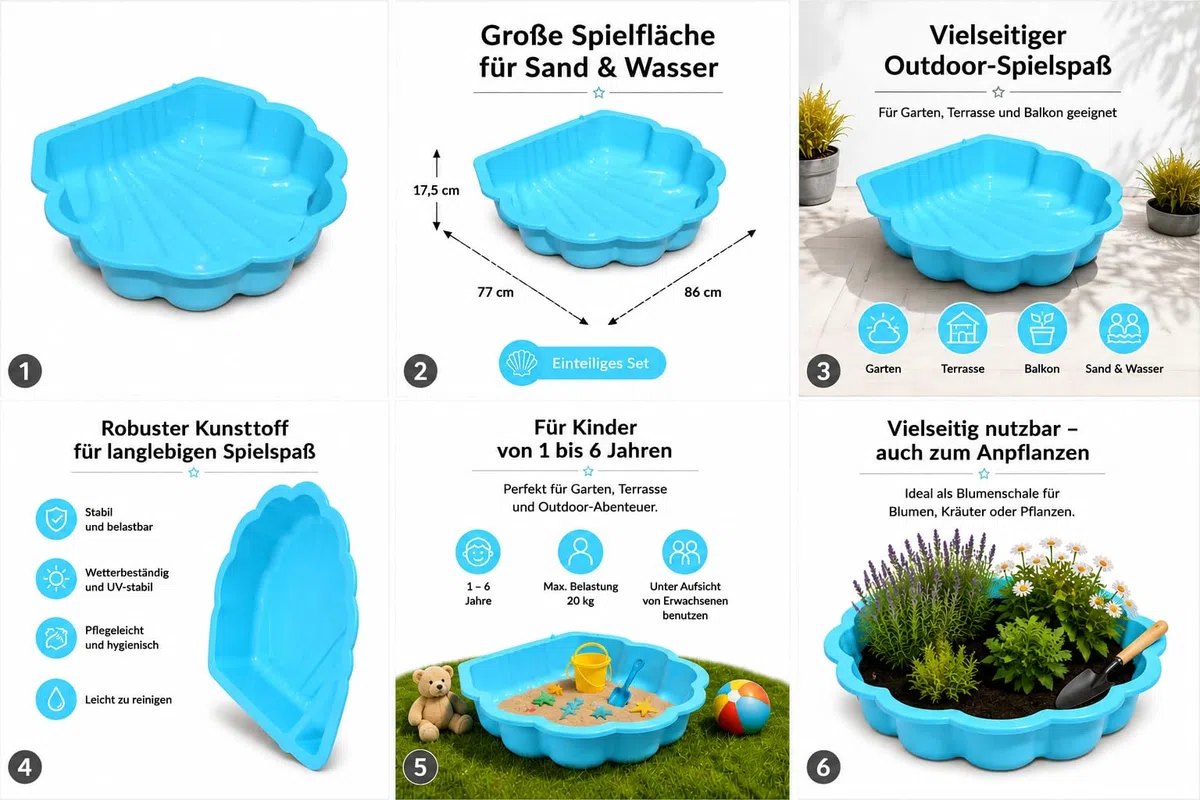 Sand- & Wassermuschel Türkis mit Sternen, 1-teilig – Robuste Spielmuschel für Sand & Wasser, ideal als Sandkasten oder Planschbecken für Kinder, 86 x 77 x 18 cm