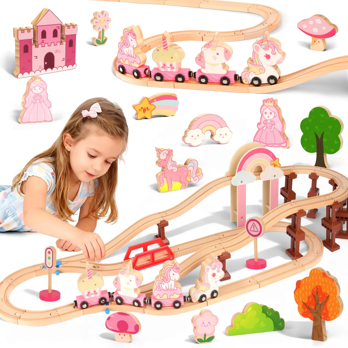 MOMOSTAR 74 Stück Rosa Thema Holzeisenbahn Set, Einhorn Geschenke für Mädchen 3-5 Jahre, Eisenbahn Kinder Magnetisch Zug Spielzeug Mädchen 3 4 5 Jahre，Einhorn Spielzeug Holzspielzeug Ab 3 Jahre