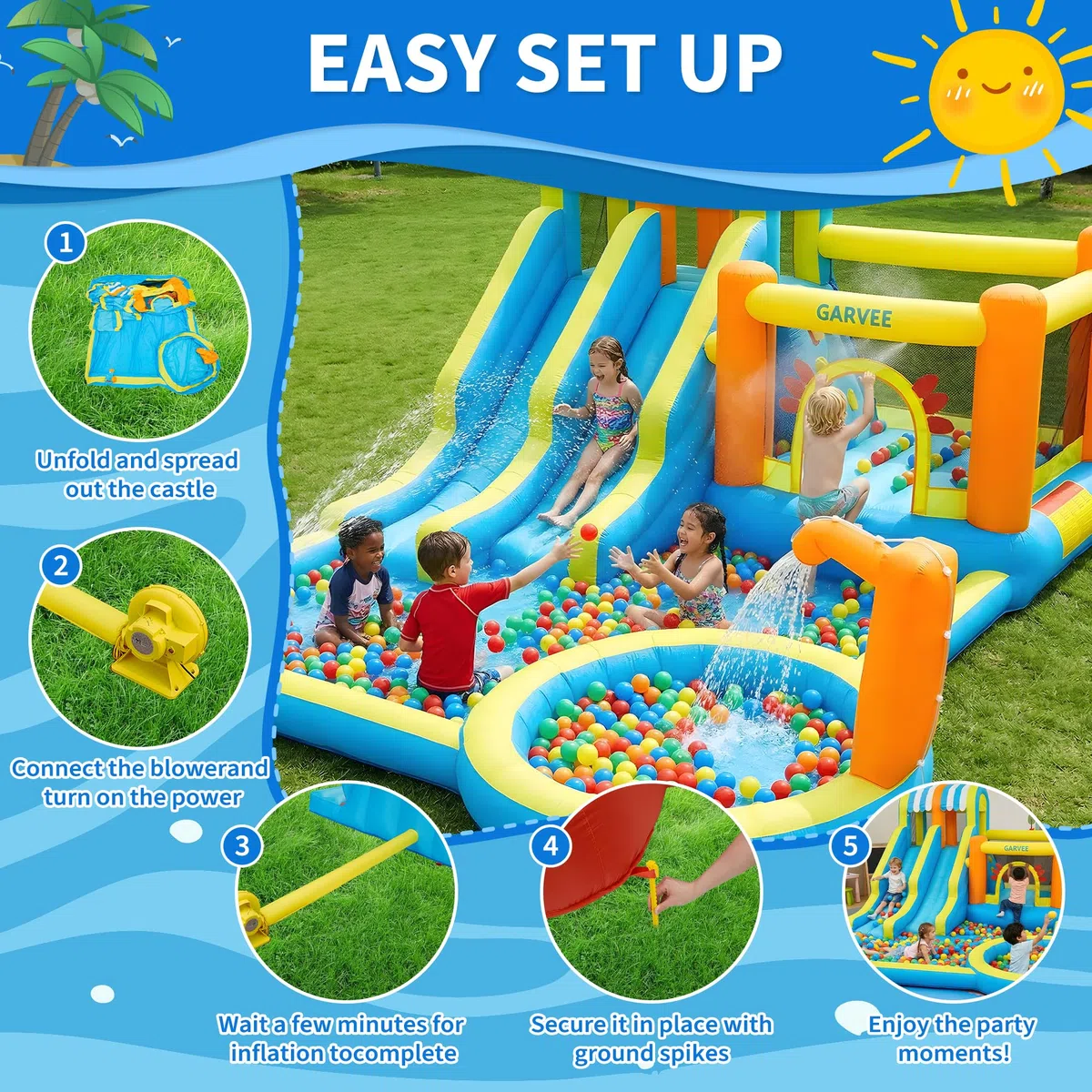 Hüpfburg mit Wasserrutsche, Hüpfburg XXL mit Gebläse, Hüpfburg Outdoor Springen,Wasserpistole,Splash Pool, Rutsche Outdoor, Children's Bouncy Castle for Indoor or Spiele Gartenspiele, Garten Spielzeug