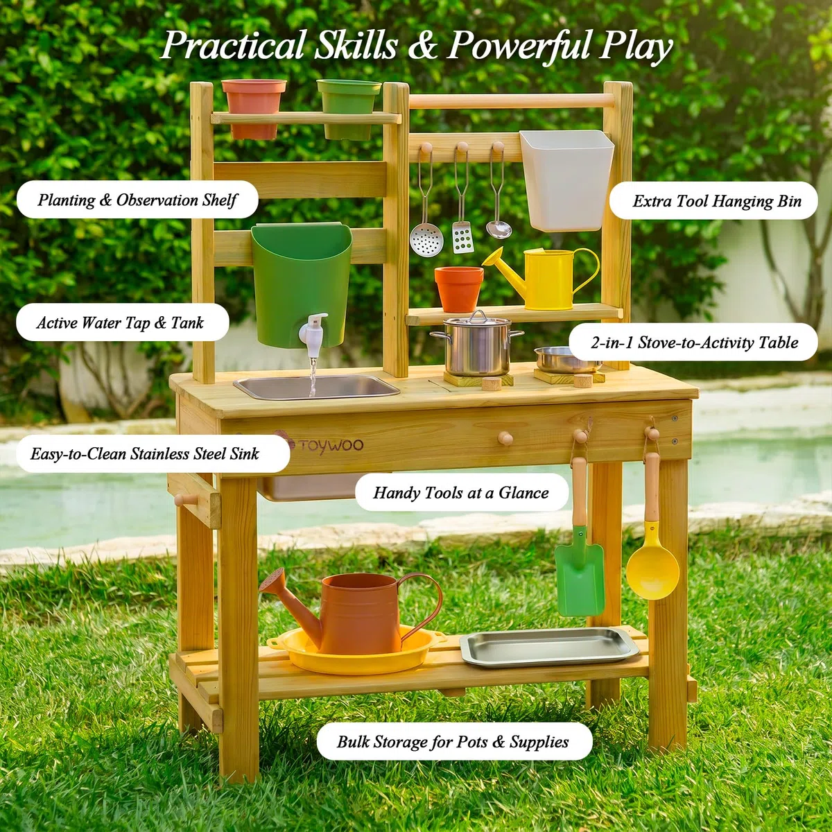 TOYWOO Matschküche Kinder Outdoor Spielküche, 3-in-1 Matschtisch mit Wassertank & Spülbecken, Gartenspielküche aus finnischem Holz für Jungen Mädchen ab 3 Jahre