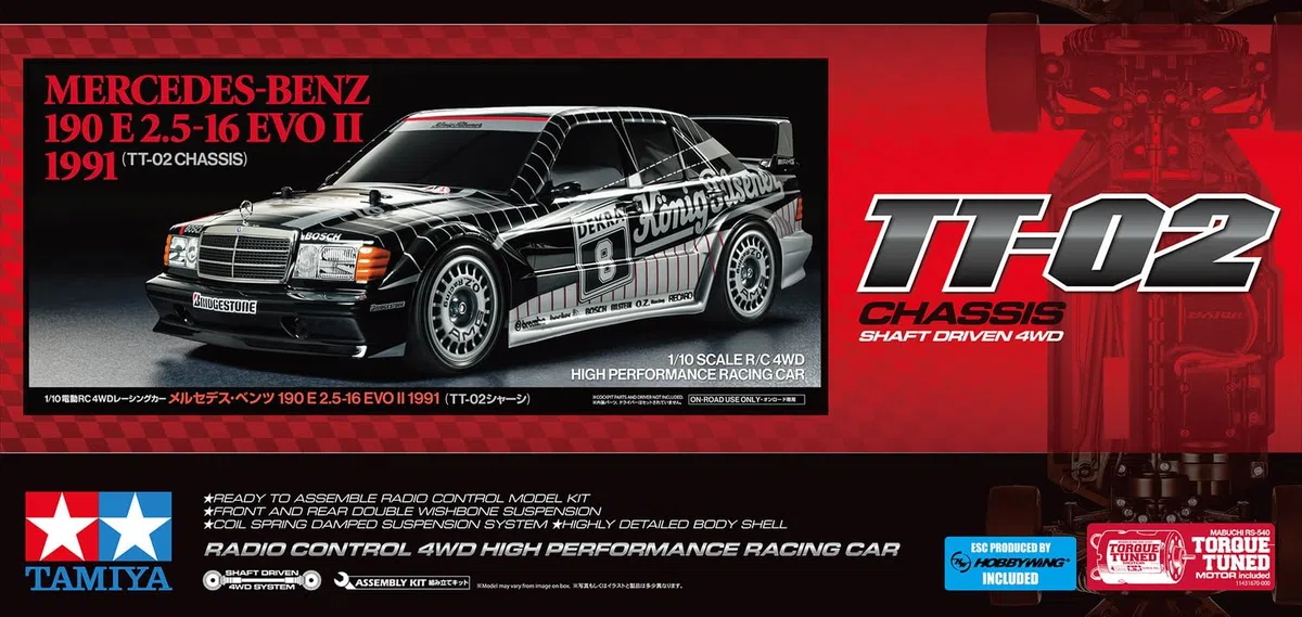 Tamiya 58752 1:10 RC M-B 190E Evo II '91 König-Pilsn. - ferngesteuertes Auto, Fahrzeug, Modellbau, Zusammenbauen, Hobby, RC Bausatz, unlackiert, Schwarz