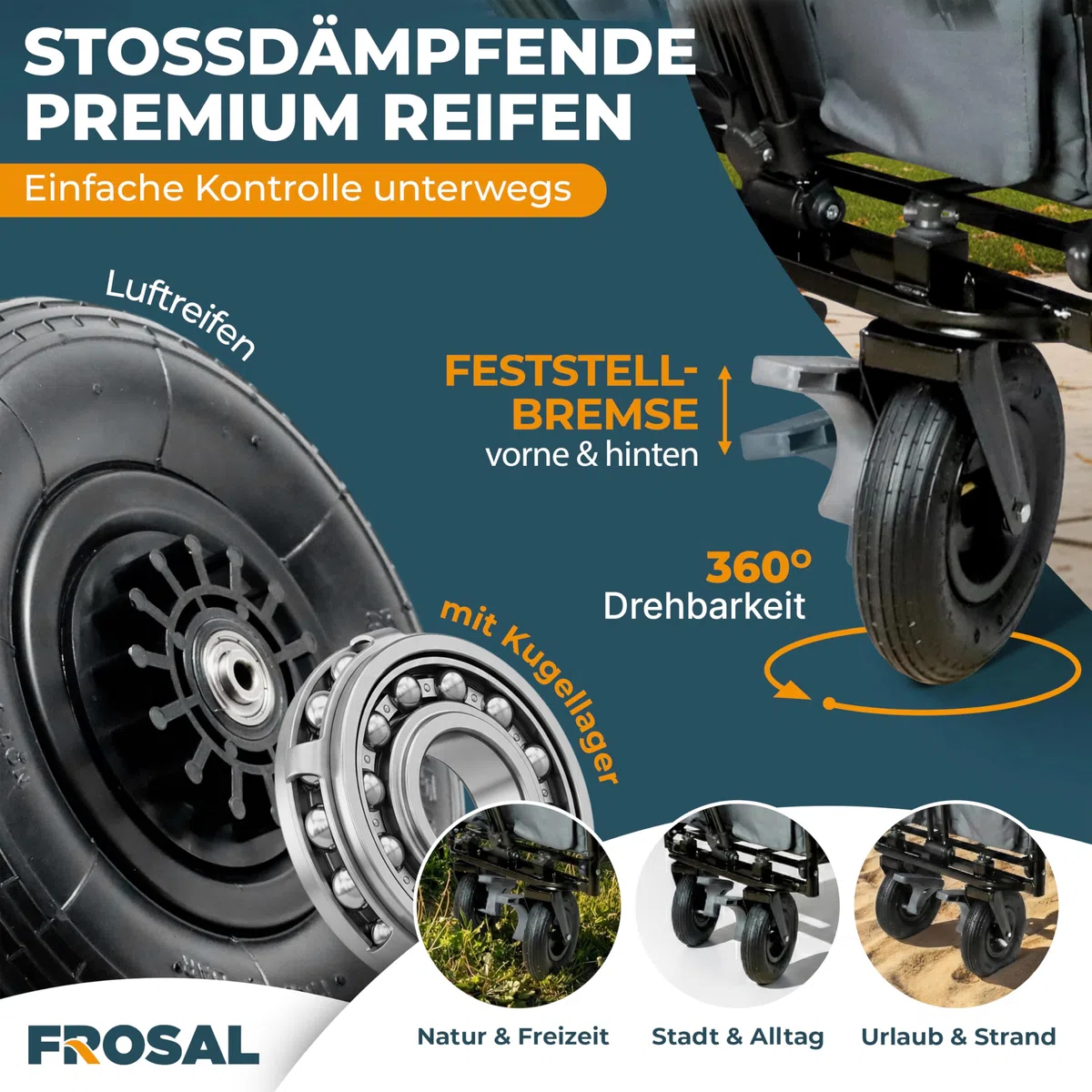 FROSAL Bollerwagen Leo faltbar mit Luftreifen & Dach – Handwagen klappbar für Strand, Camping & Garten – 80kg belastbar – mit Bremse, Schiebegriff & Zugstange – Transportwagen Kinder grau