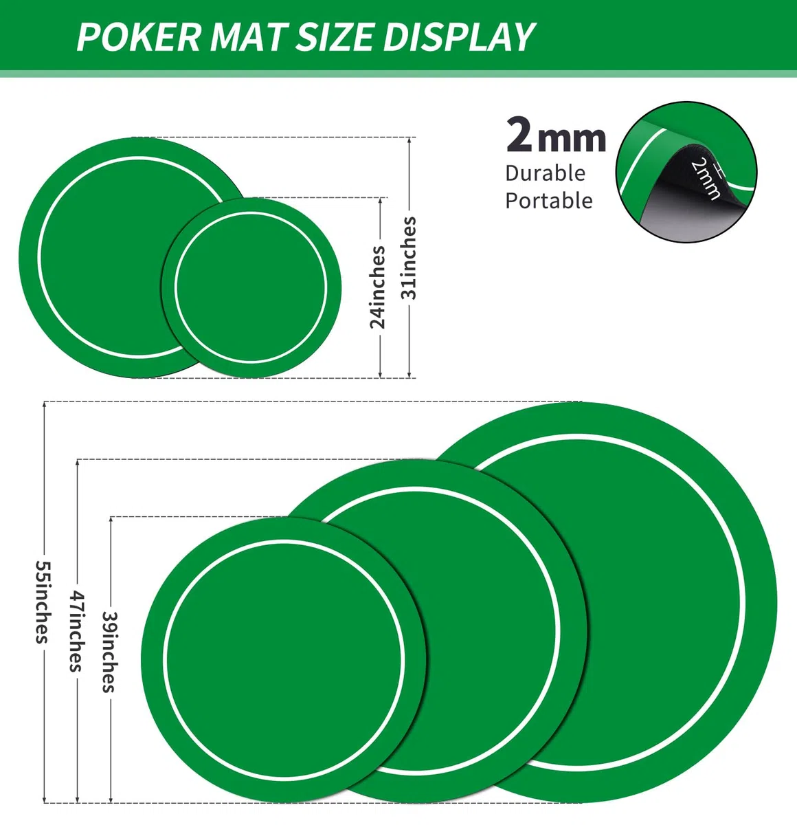 Texas Holdem Pokermatte 60/80/100cm Rund Tragbarer Pokertisch Pokerteppich Deco Layout Druck für 8 Spieler Spiellayout-Matte mit Tragetasche zum Spielen von Karten Pokertuch