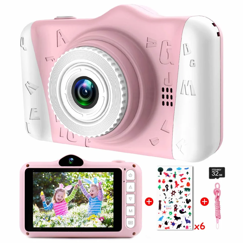 Kinderkamera - Digitalkamera, mit 3,5-Zoll-Großbildschirm 1080P HD 12MP Eingebaute 32GB SD-Karte USB Wiederaufladbare Selfie Kamera für 3-10 Jahre Alter Mädchen Geburtstag Kinder Spielzeug, Rosa