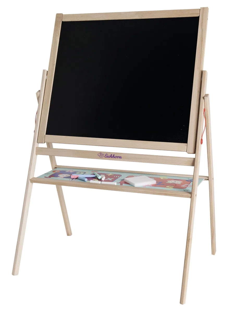Eichhorn - Standtafel, Kindertafel mit 10 Kreiden, 1 Stift und Schwamm, zweiseitig beschreibbar, mit Ablage, drehbar, 13 teilig, 58x86 cm, aus Buchenholz, ab 3 Jahren, Bunt, 100002588