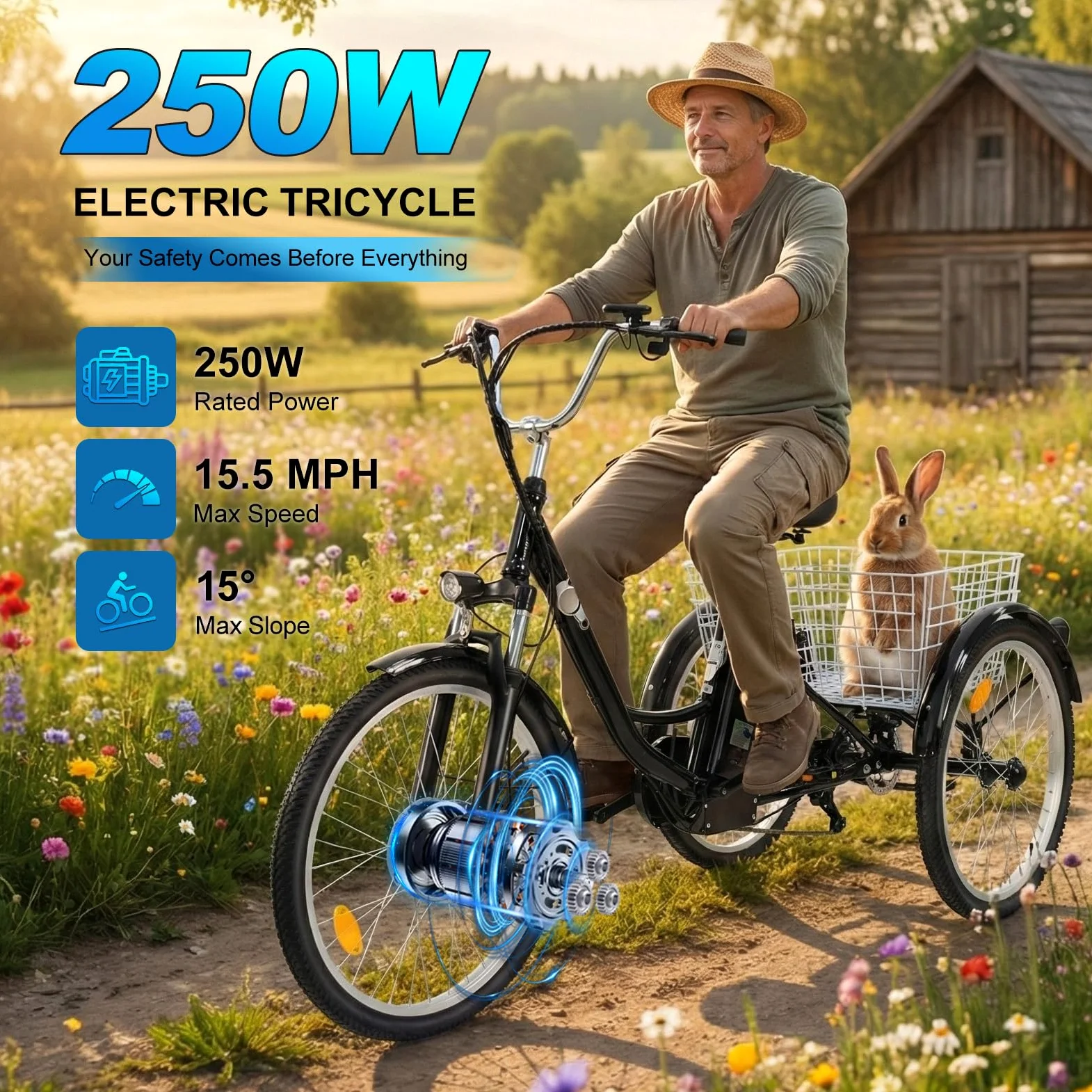 24 Zoll Elektrisches Dreirad für Erwachsene, 3-Rad-7-Gang-Seniorenfahrrad mit Einkaufskorb, mit G51 LCD-Display, 36V 15Ah Senioren-Transportdreirad, Outdoor Fahren Dreirad Freizeit Cityräder