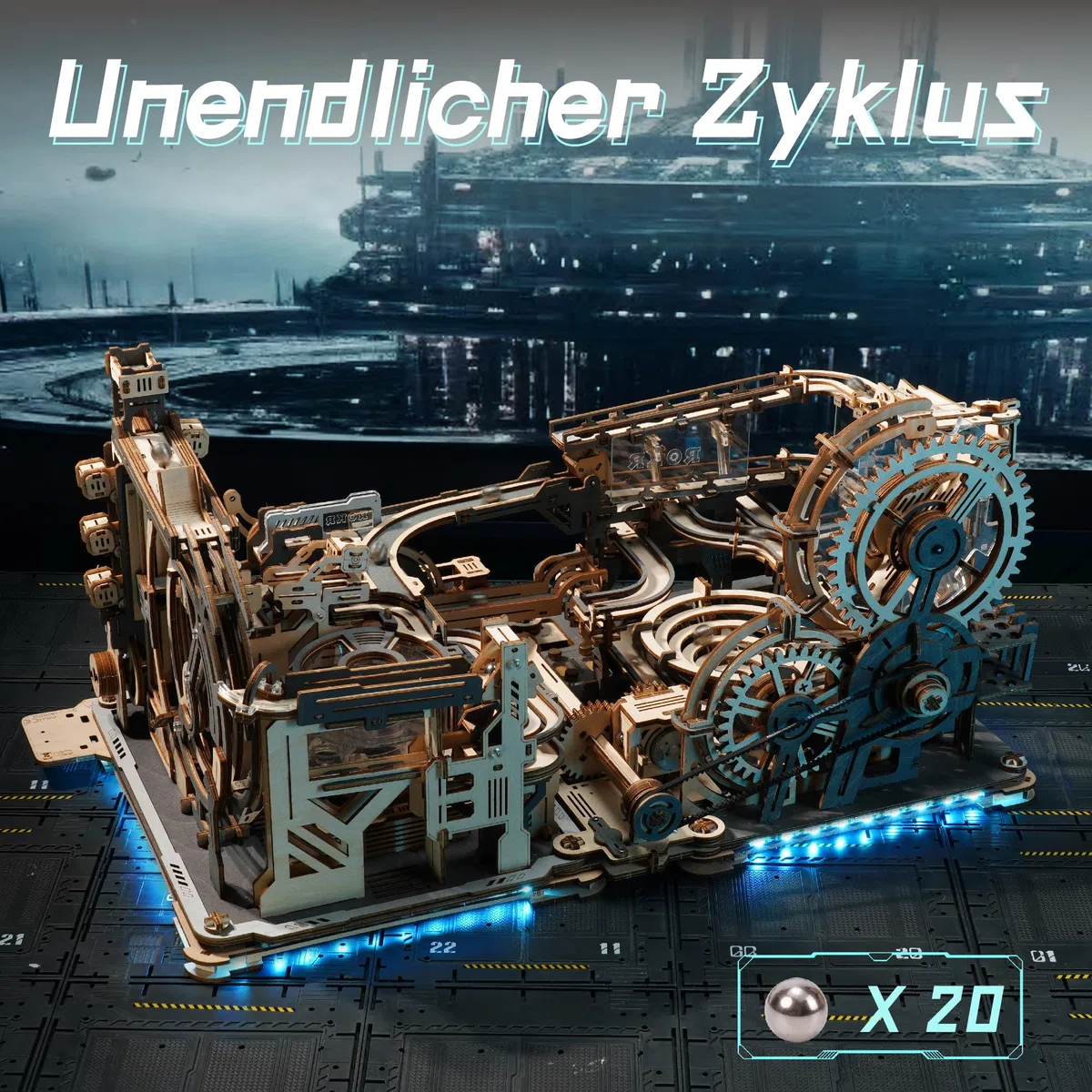 ROKR Kugelbahnen Kombi-Set 3D Puzzle Erwachsene Modellbausätze Geschenkidee für Männer Marble Spaceport & Night City & Link Pack