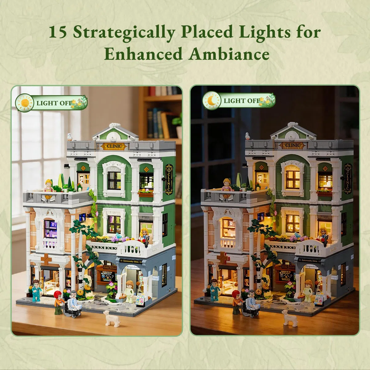 Lumibricks Greenway Clinic Beleuchtetes Baukasten-Set, 2985 Teile modulares Stadtstraßen-Medizinzentrum Architektur-Modellbausatz, geschenkfertiges Sammler-Architektur-Set für Erwachsene