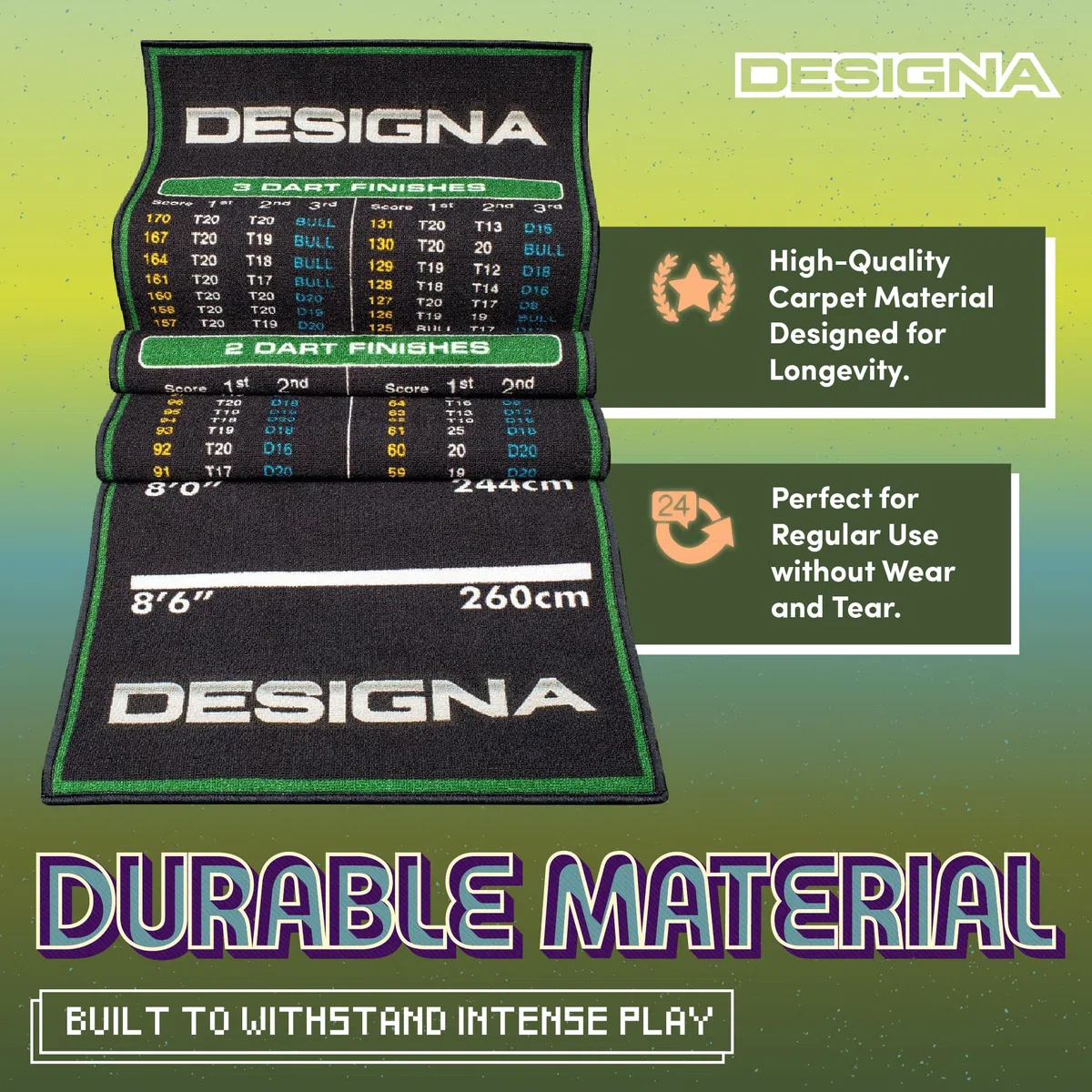 Designa Darts Mat Checkouts Heavy Duty Carpet Non Slip Back Mats Slim or Wide