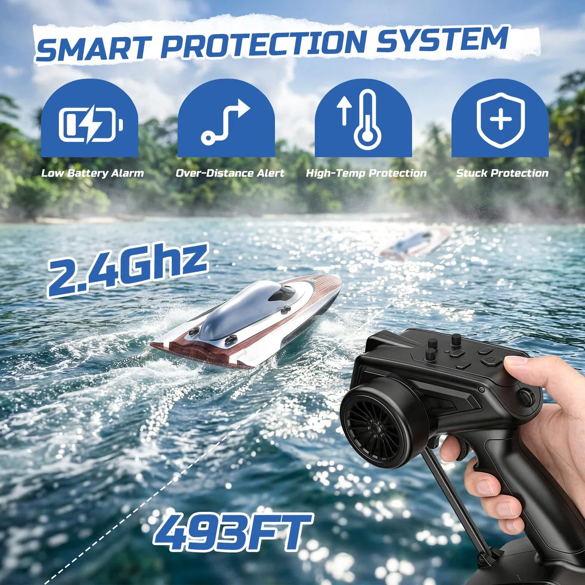 DEERC 17" bürstenloses RC-Boot für Erwachsene, 45+ km/h Hochgeschwindigkeits-Rennboot, 3S 2800mAh LiPo-Akku, Metallruder, selbstaufrichtendes Design, ferngesteuertes Boot für Seen, Pools,TX766
