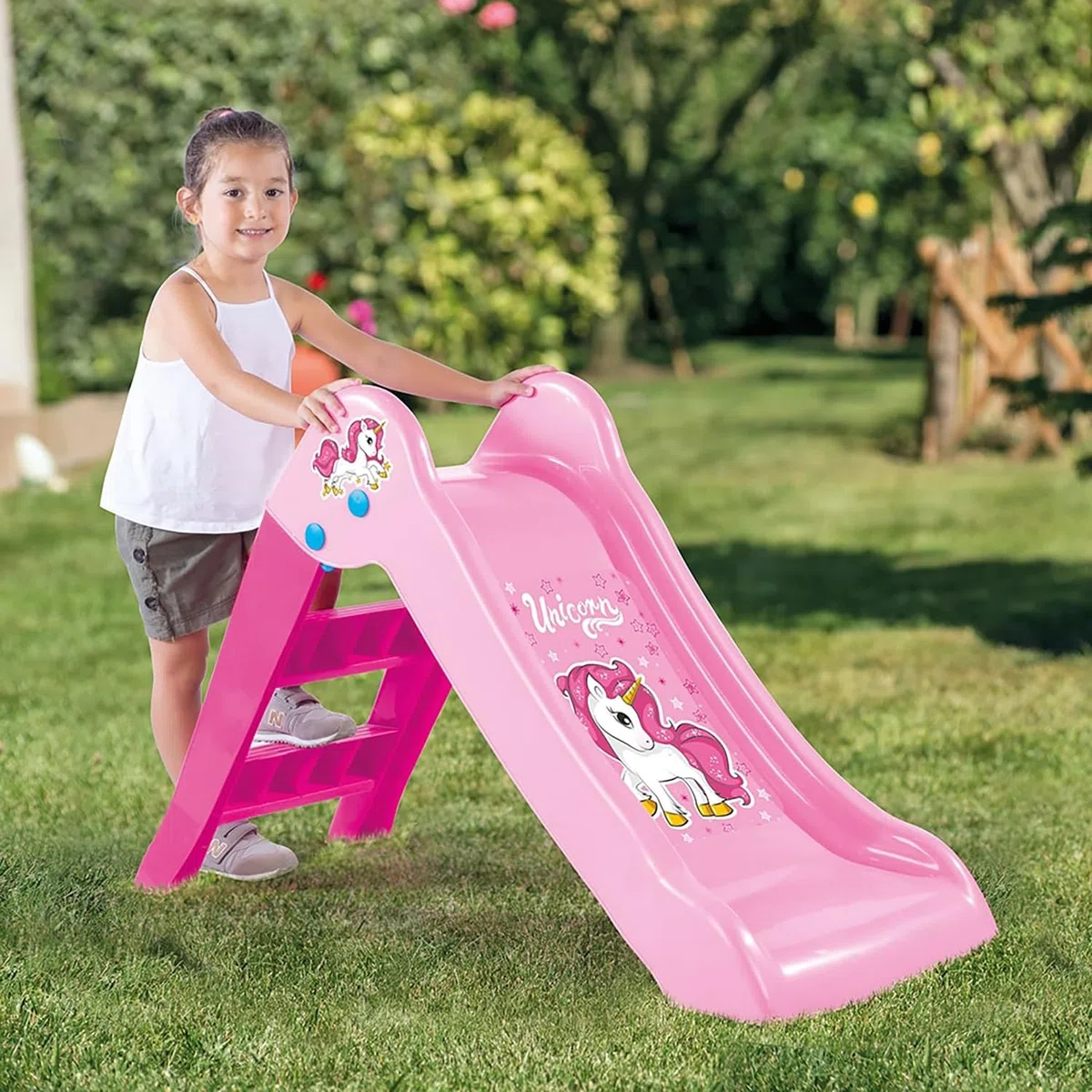 Dolu Mein erster Einhorn Garten Faltbare Rutsche, Einhorn Kinder Indoor Outdoor Garten Spielplatz, Geeignet für Kinder im Alter von 2 bis 6 Jahren - Maße H70 x L111 x B47cm - Pink