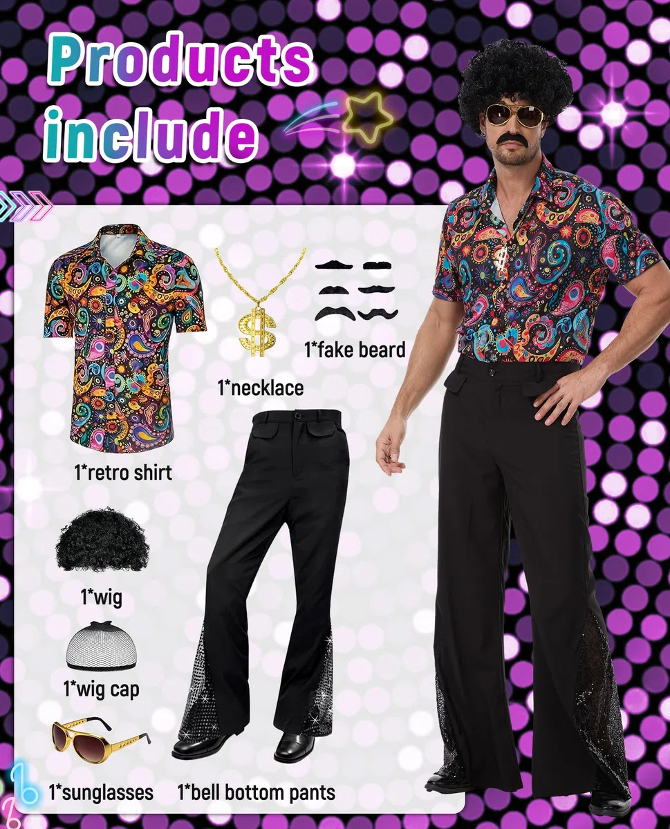 70er Jahre Disco Kostüm Set Herren - Komplettes 70s Outfit mit Pailletten Hemd, Schlaghose, Afro Perücke, Sonnenbrille, Dollar Kette & Zubehör für Karneval Halloween Mottoparty