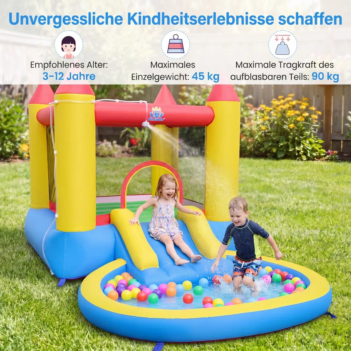 COSTWAY Hüpfburg mit Rutsche, Sprungbereich & Planschbecken, Bouncy Castle für Kinder, Innen- und Außenbereich, 362 x 196,5 x 193 cm