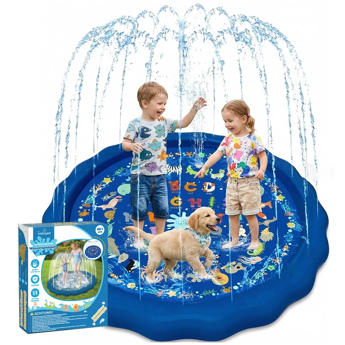 KiddoSpace Splash Pad – rutschfeste Wassermatte mit Lerndesigns, ideal für draußen im Sommer, inkl. Lernkarten, BPA-frei, perfekt für Kleinkinder & Kinder.