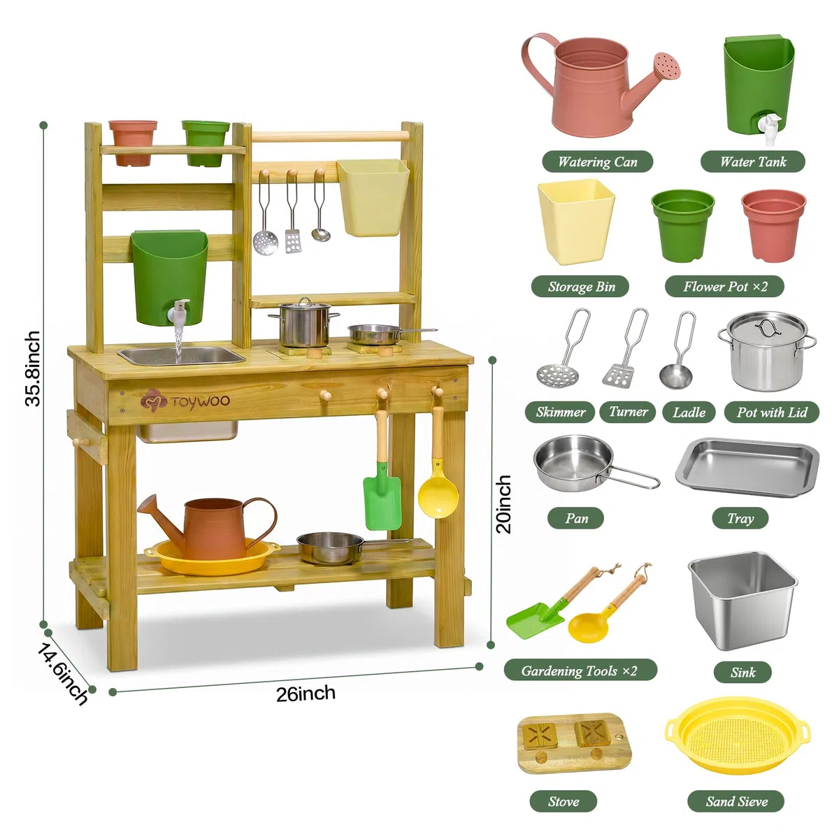 TOYWOO Matschküche Kinder Outdoor Spielküche, 3-in-1 Matschtisch mit Wassertank & Spülbecken, Gartenspielküche aus finnischem Holz für Jungen Mädchen ab 3 Jahre