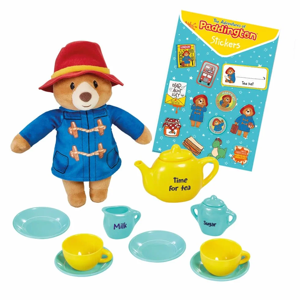Rainbow Designs Paddington Bärenspielzeug Teeset, 9-teiliges Kinder-Teeset mit Teekanne, Tassen, Untertassen und Zuckerdose, mit kuscheligem Plüschtier, wiederverwendbarem Koffer & Stickerbogen