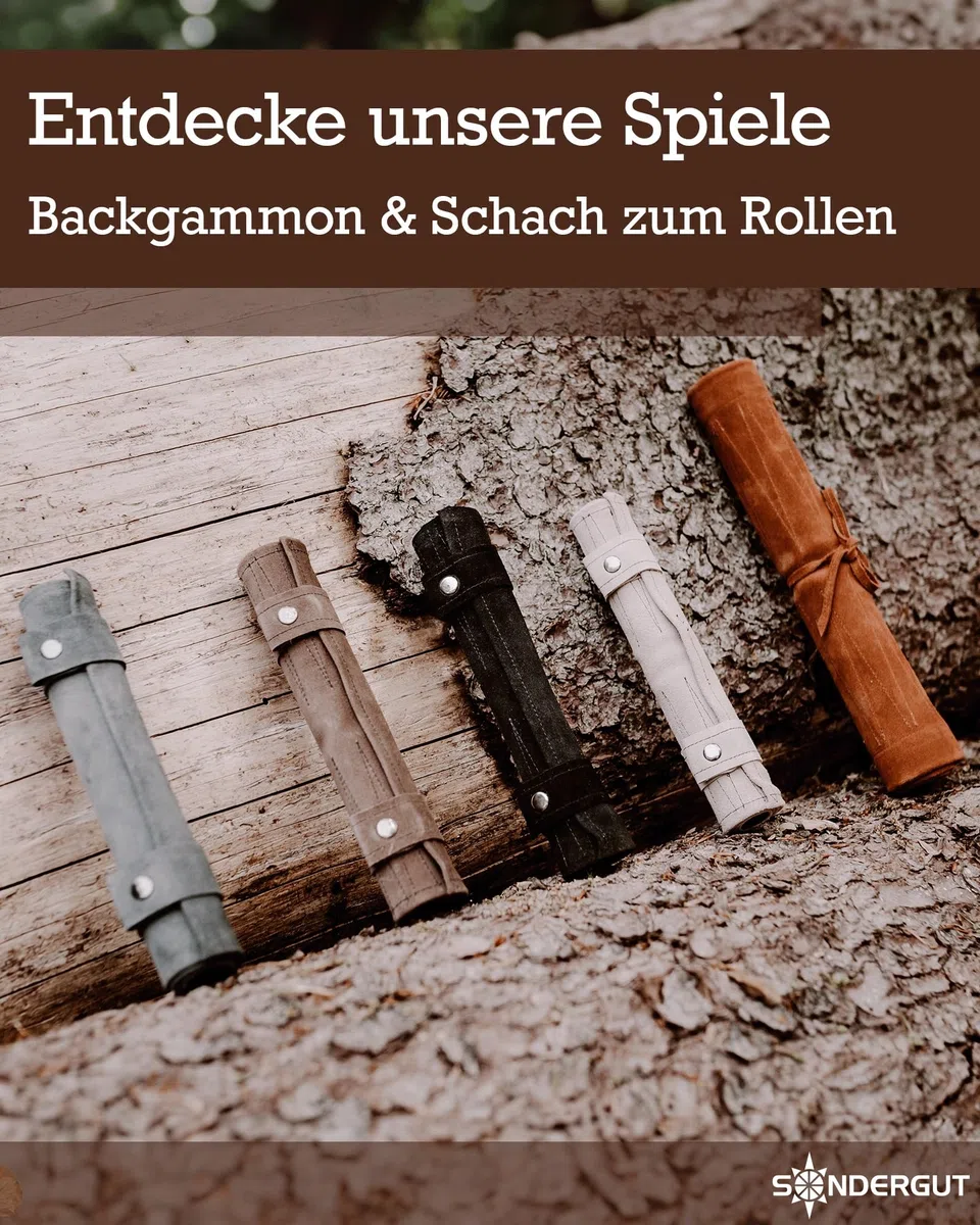 Sondergut Backgammon Brettspiel Mocca - Zum Rollen aus 100% Leder - Das Original seit 1998 Camper & Travel-Fans - 25x34cm