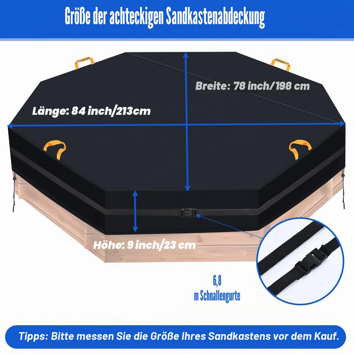Wasserdicht Achteckige Sandkastenabdeckung mit 7M Winddicht Schnalle, 600D Oxford Outdoor Garten Sandkasten Pool Schutz Abdeckplane mit 4 reflektierenden Griffen und 2 Kordelzügen (213 x 200 x 23 cm)
