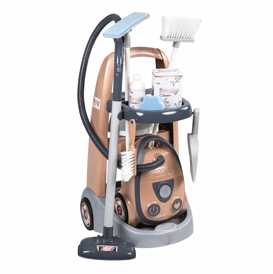 Smoby - Rowenta Reinigungstrolley - Putzwagen + Reinigungsset mit 8 Zubehörteilen - Rollwagen, Besen, Mop & Staubsauger mit Sound - ab 3 Jahren, mit Recyclingmaterial