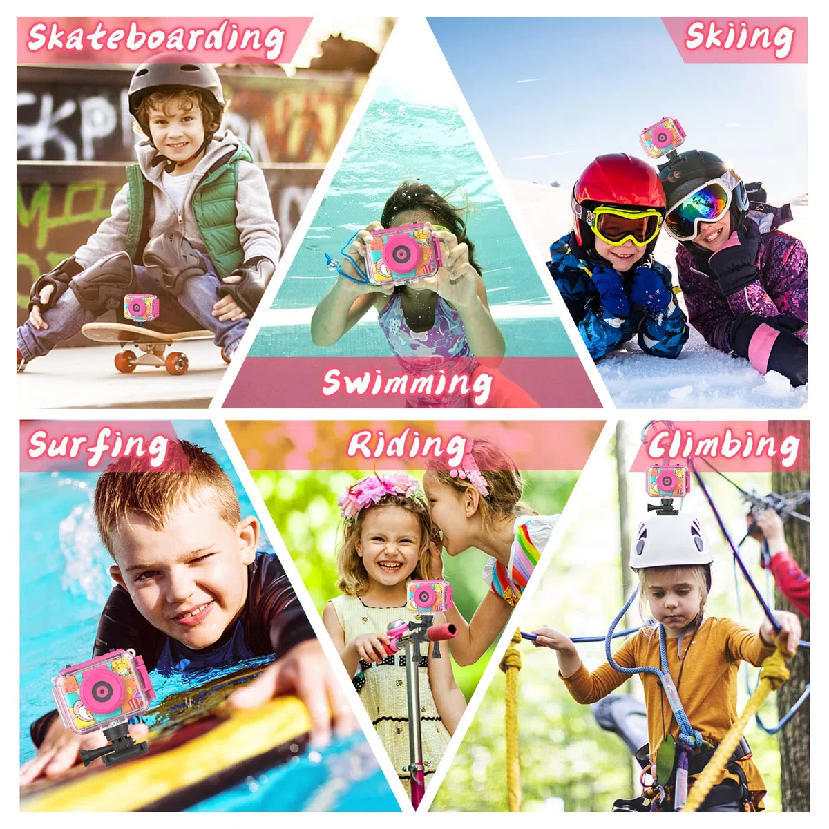 Ushining Kinderkamera, wasserdicht, 1080P Unterwasser-Videokamera, Kinder, digitale Selfie-Kamera mit Display 5,1 cm (2,0 Zoll), TF-Karte, 32 GB, Geschenk für Mädchen und Jungen, 3-12 Jahre, Rosa