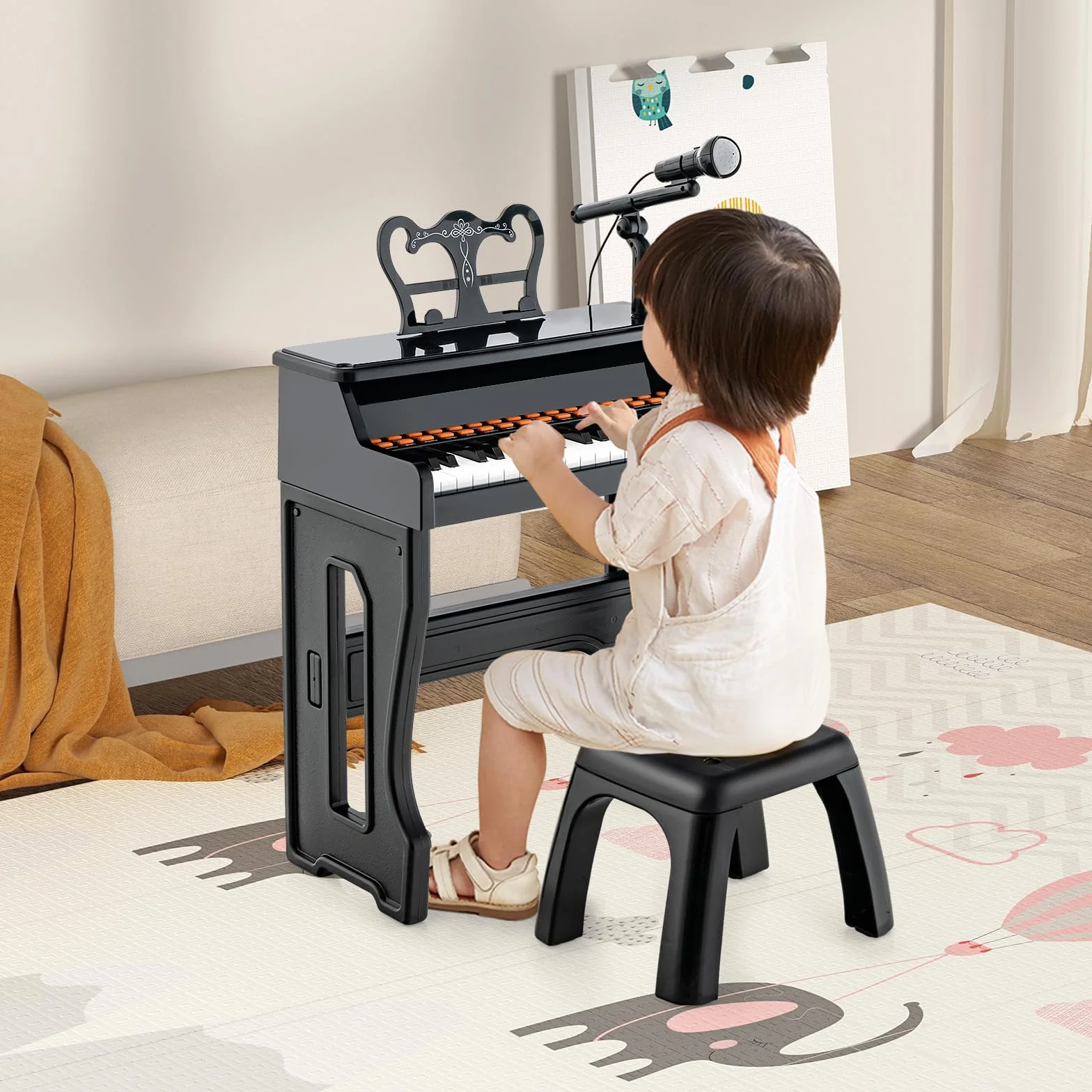 COSTWAY 37-Tasten Kinder Keyboard, elektronisches Kinderklavier mit Hocker, verstellbarem Mikrofon & Notenständer, Kinderpiano Klaviertastatur für Kinder ab 3 Jahren (Schwarz)