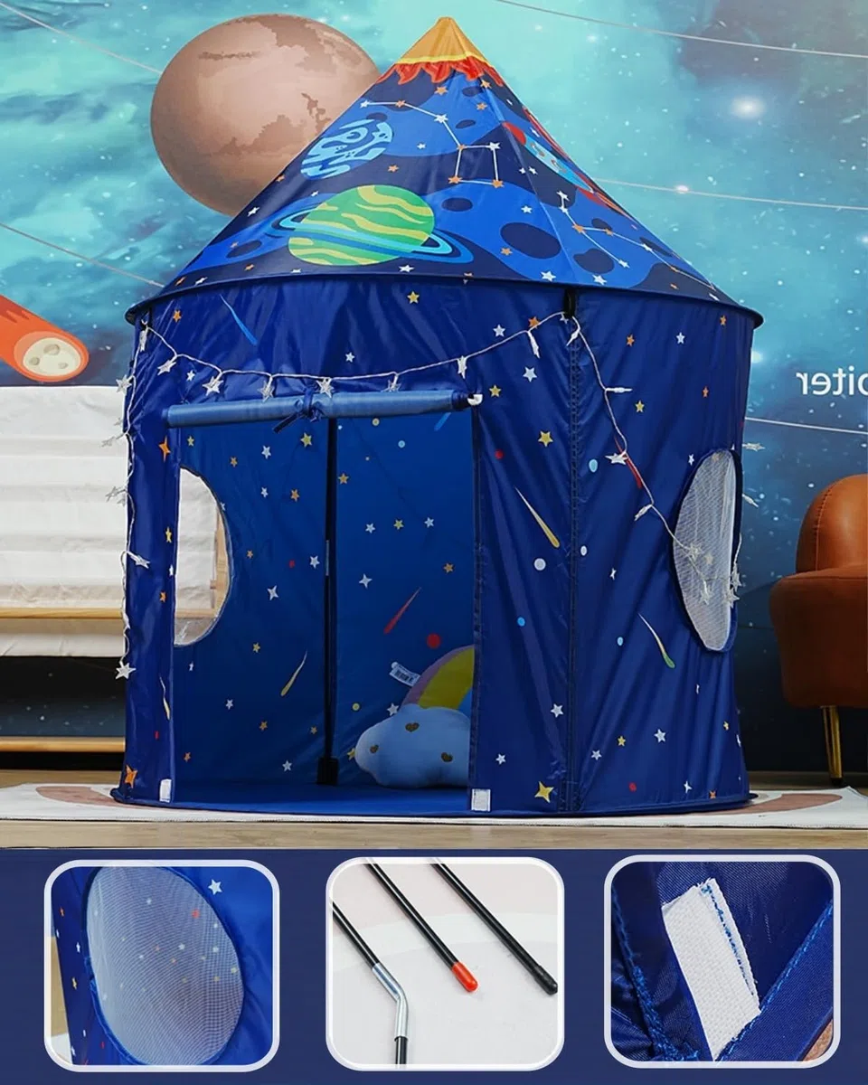 Blue Space Rakete Spielzelt für Kinder, Kinderzelt mädchen, Pop-Up-Zelt für Kinder, Zelt für Jungen und Mädchen, drinnen und draußen