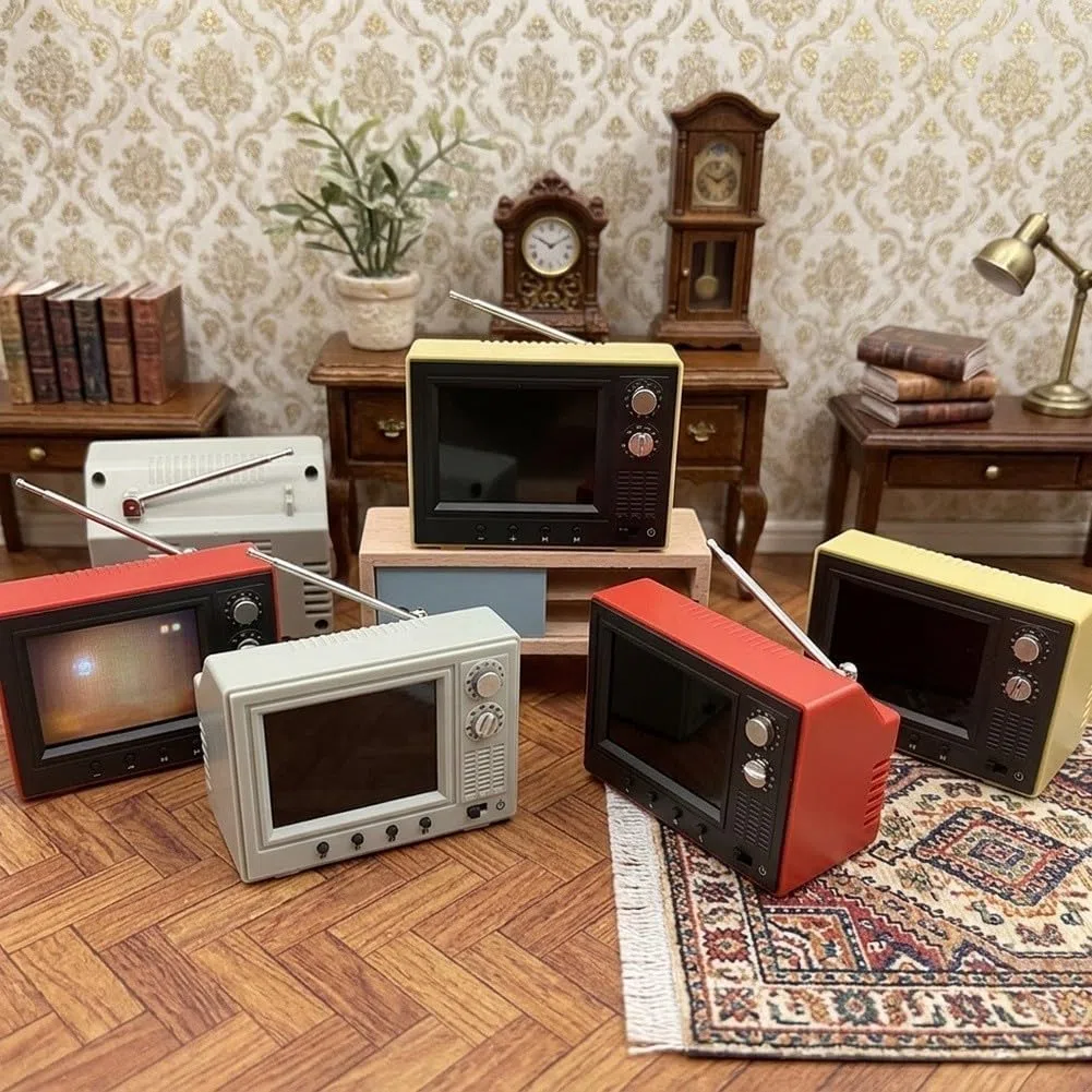 Für Mini-Retro-Cartoon-TV, wiederaufladbarer Miniatur-Video-Player mit 8 GB Speicher, unterstützt Kopfhörer und USB-Wiedergabe für Schreibtischdekoration, Puppenhaus-Szenen, tragbarer Filmplayer