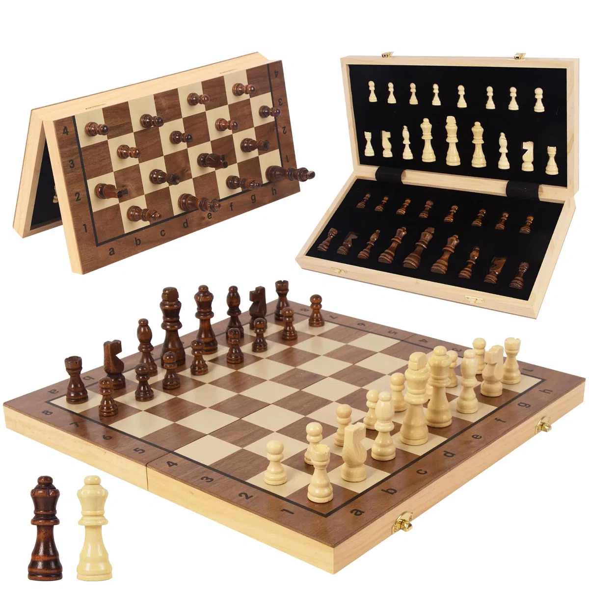 WOODENFUN Schachspiel Magnetische Holz für Erwachsene und Kinder Faltbares Schachbrett 40x40cm Tragbares Schachspiel Nuss- und Kiefernholz(Braun Große Faltung)