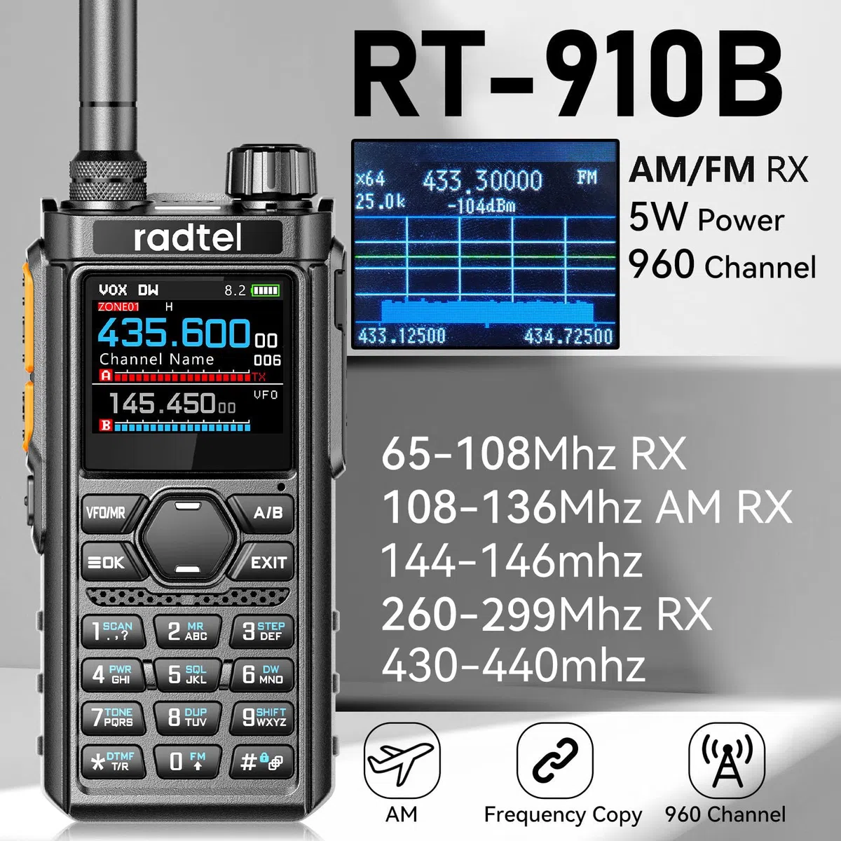 Radtel RT-910B 5W UHF/VHF Dualband-Funkgerät mit Flugfunkempfänger, 6-Meter-Amateurfunkgerät, Bluetooth, programmierbar, wiederaufladbar, VOX-Freisprechfunktion, Handfunkgerät für Fahrzeug und Outdoo