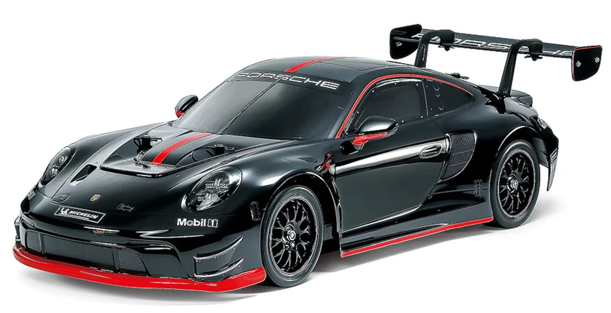 Tamiya 58745 1:10 RC Porsche 911 GT3 R (992) - ferngesteuertes Auto, Fahrzeug, Modellbau, Zusammenbauen, Hobby, RC Bausatz, unlackiert, Schwarz