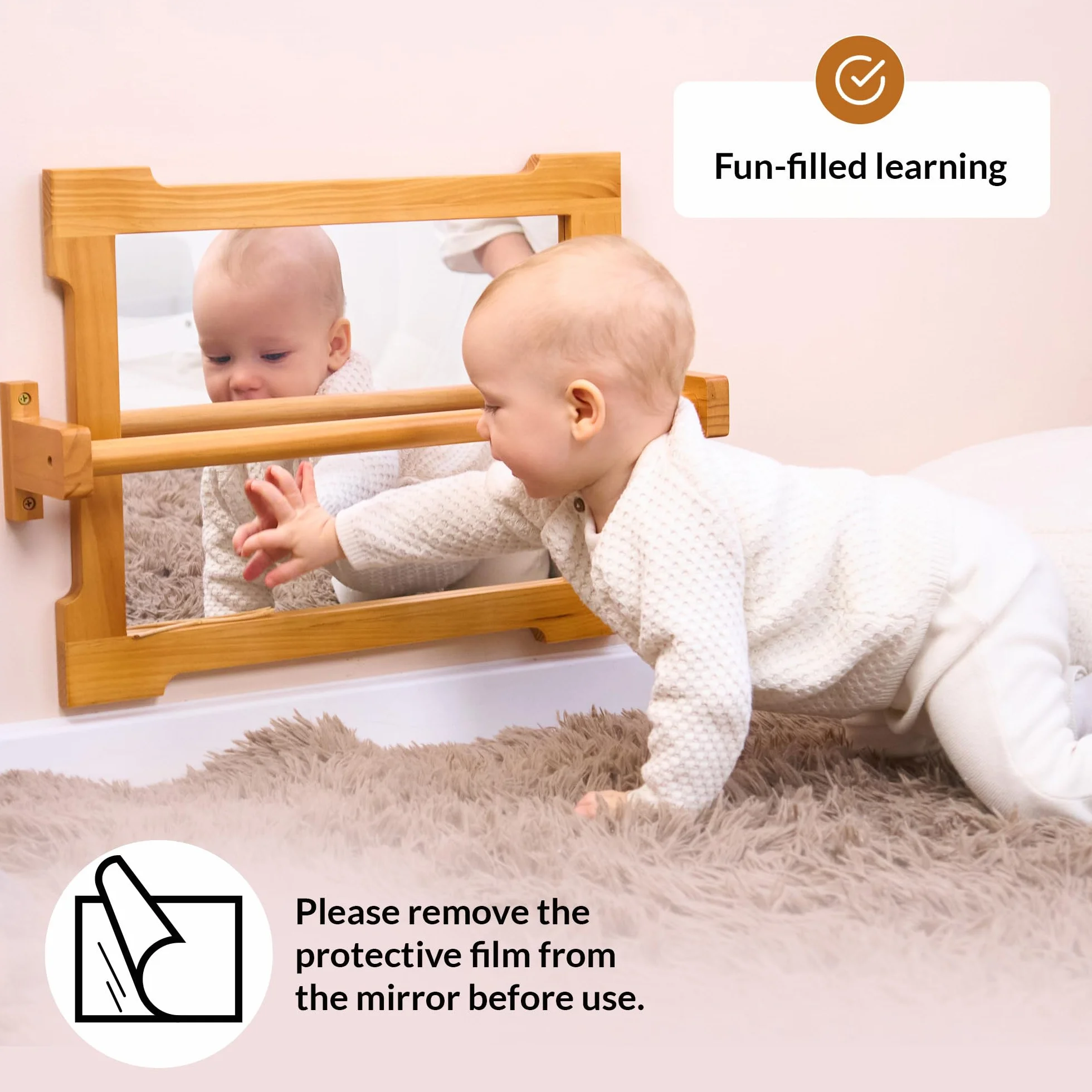 ODOXIA Montessori Spiegel mit Stange für Kleinkinder | Mit Griff zum Stehen & Gehen | Holzrahmen für Motorik & Entwicklung | Perfekt Spielzimmer & Klassenzimmer | Baby