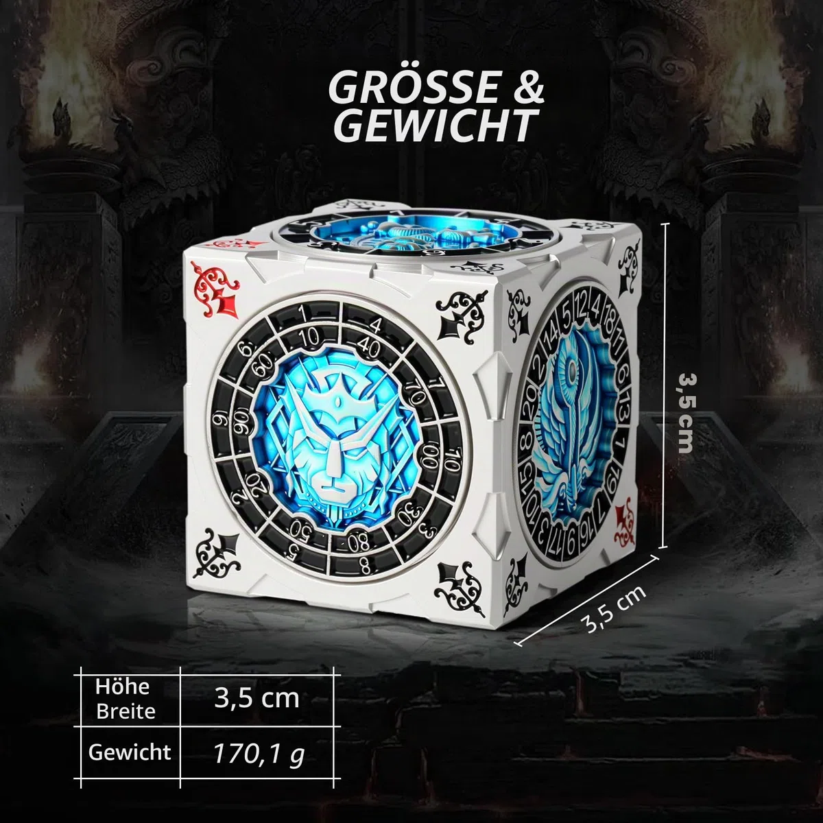 DNDND 7-in-1 Spinner Würfel mit Geschenkbox - Goristro und Couatl Themed D&D Collector's Set für TTRPG, für Dungeon Masters und Spieler (Silber & Blau)