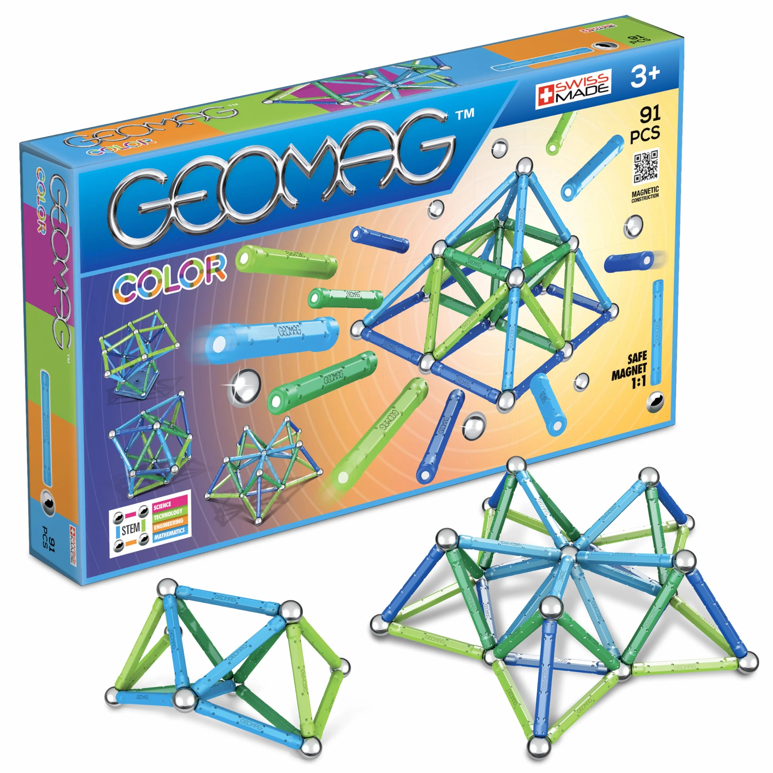 Geomag Classic Color 91 Stück Magnetisches Spielzeug für Kinder, Geschenk für Jungen und Mädchen im Alter von 5 6 7 8 9 10 11 12 13 Jahren, magnetische Konstruktionen, Kinderspielzeug