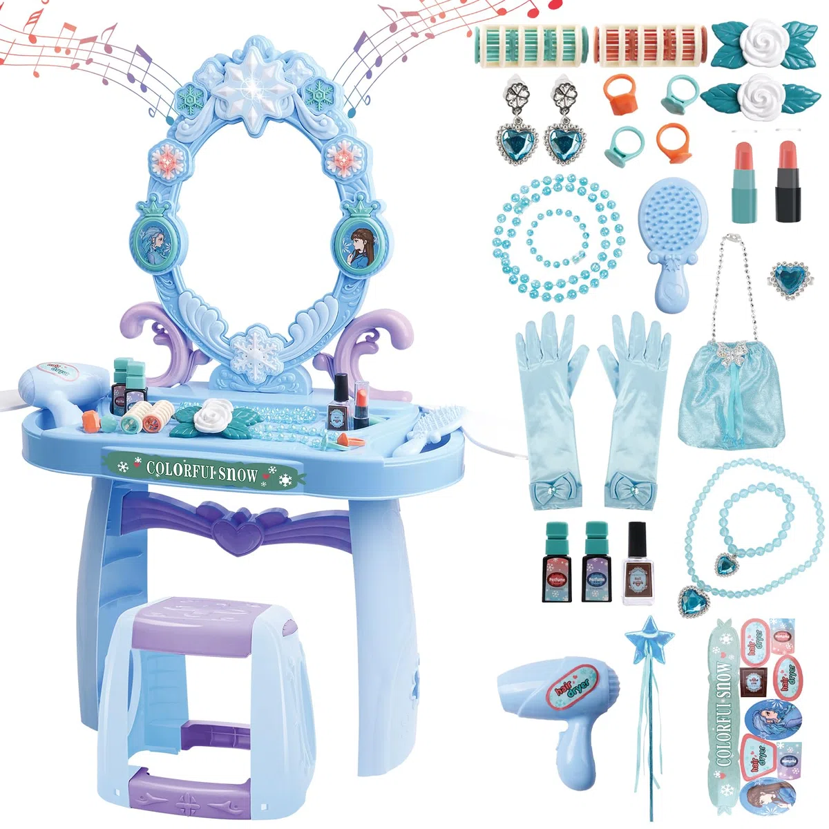 deAO Schminktisch Frisiertisch für Mädchen mit Hocker, Musik & Licht, Princess Schönheitsstudio Frisiersalon Kinderschminke Set, mit Styling-Zubehör Friseur Set für Kinder ab 3 Jahren | Blau