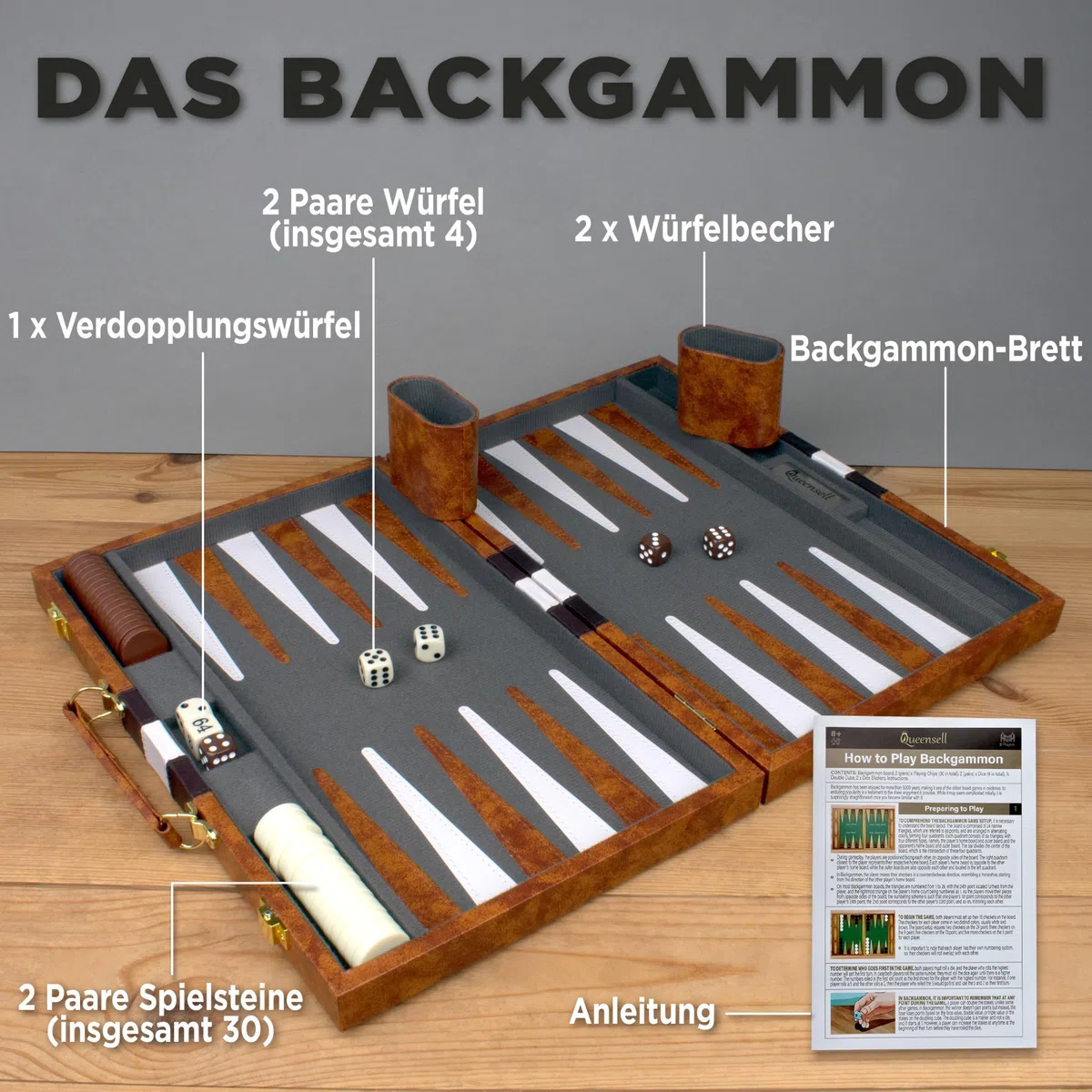 Große Backgammon-Sets für Erwachsene – Klassische Brettspiele für 2 Spieler, Erwachsene und Kinder – Premium Backgammon-Set mit 38 cm Spielbrett in hochwertigem PU-Leder-Etui