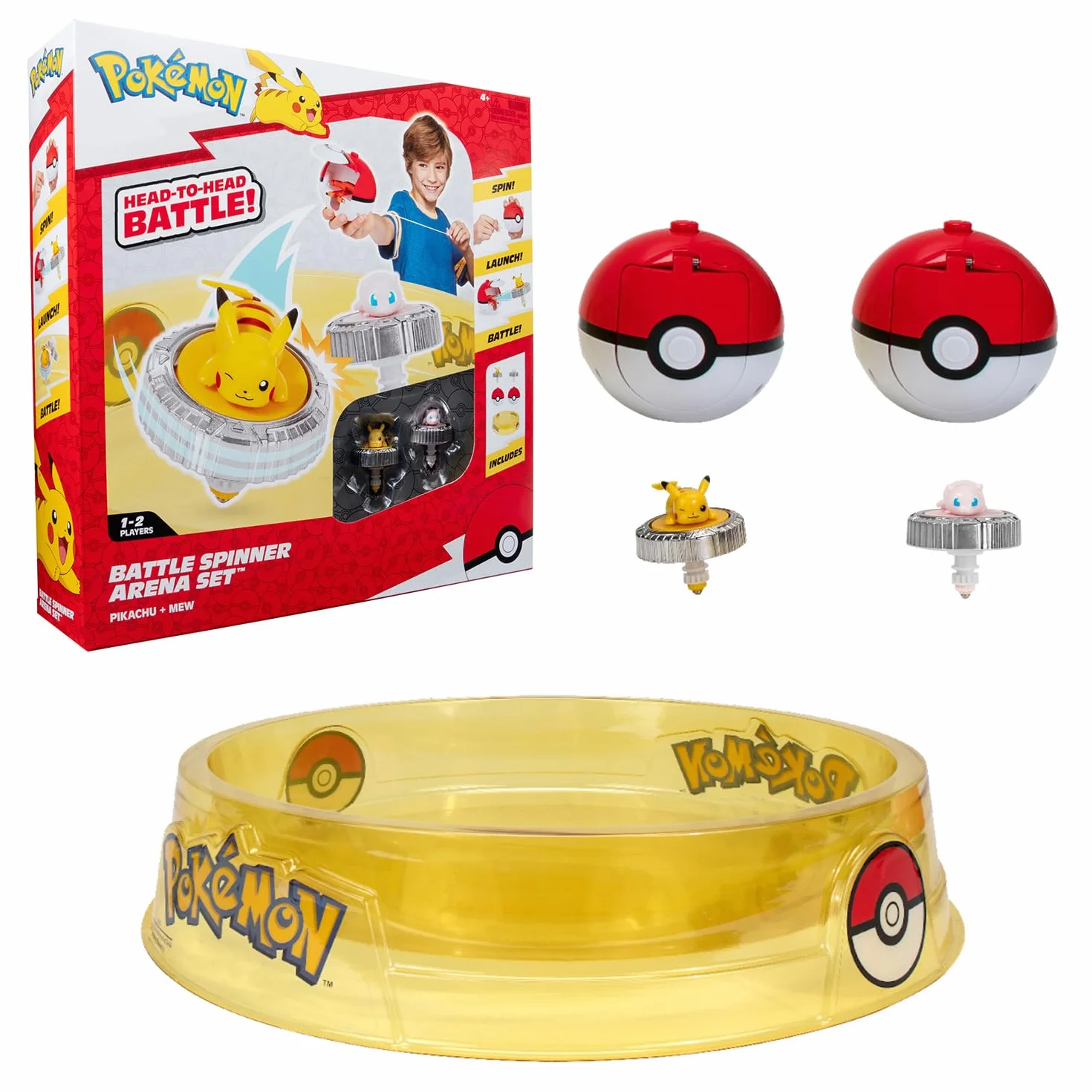 BANDAI - Pokémon-Arena + 2 Spinners inklusive – Arena + 2 Pokéball-Werfer + 2 Pikachu und Mew Kreisel – Kampfspiel mit Pokémon-Kreiseln, mehrere Spieler – Spielzeug für Kinder ab 4 Jahren und + JW4403