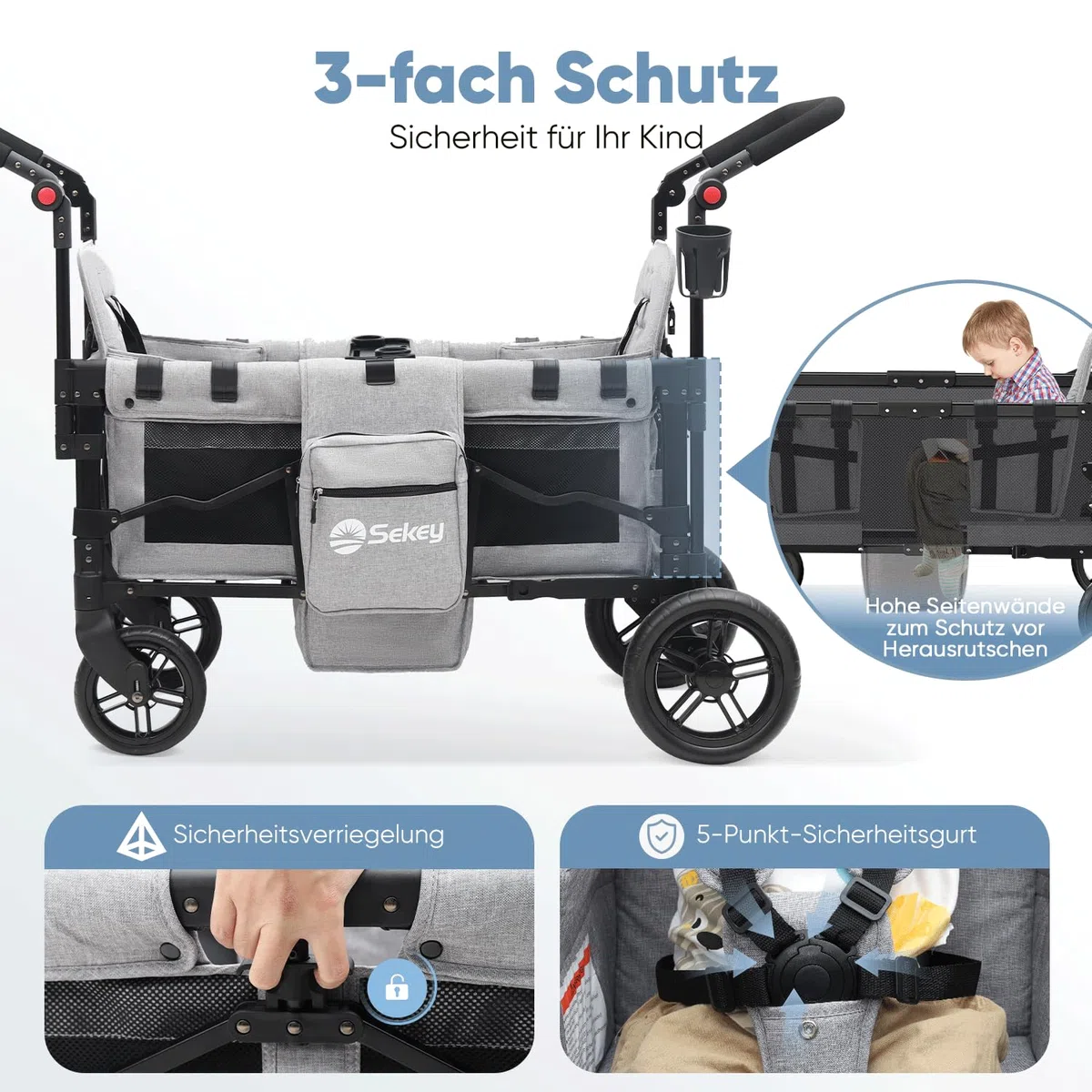 Sekey Bollerwagen Kinder Zwillingsmodus, Bollerwagen Faltbar mit Dach 2 Kinder, Duo Schiebegriff Kinderwagen Doppelsitz mit 2 integrierten 5-Punkt-Gurtsystem, Zwillingskinderwagen (Grau, Premium)