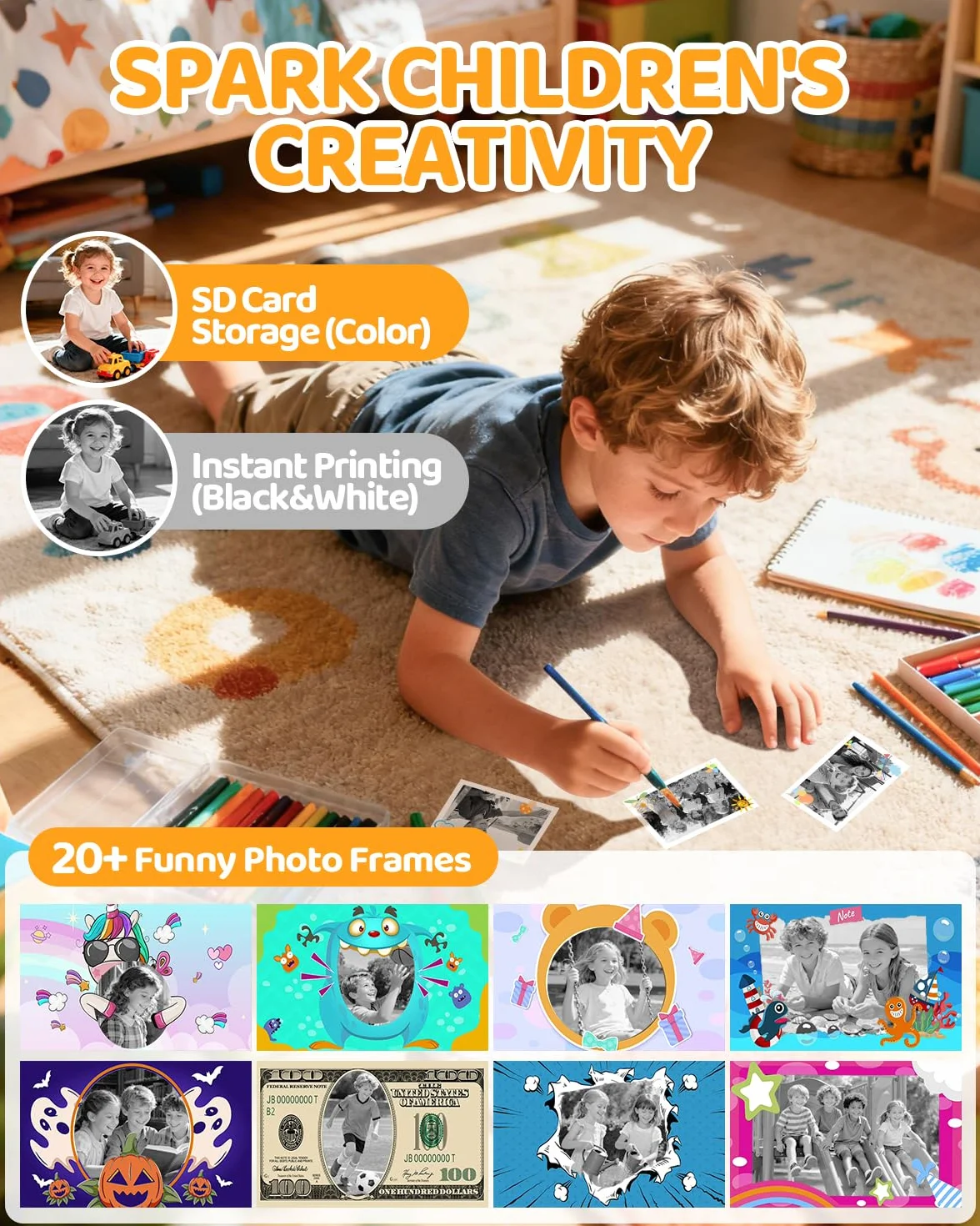 CalineGam Kinderkamera Sofortbildkamera, 1080P HD Sofortbildkamera Kinder mit 32 GB Karte und 3 Papierrollen, Kinderspielzeug mit Zwei Objektiven, Geschenke für Jungen & Mädchen von 3-12 Jahren
