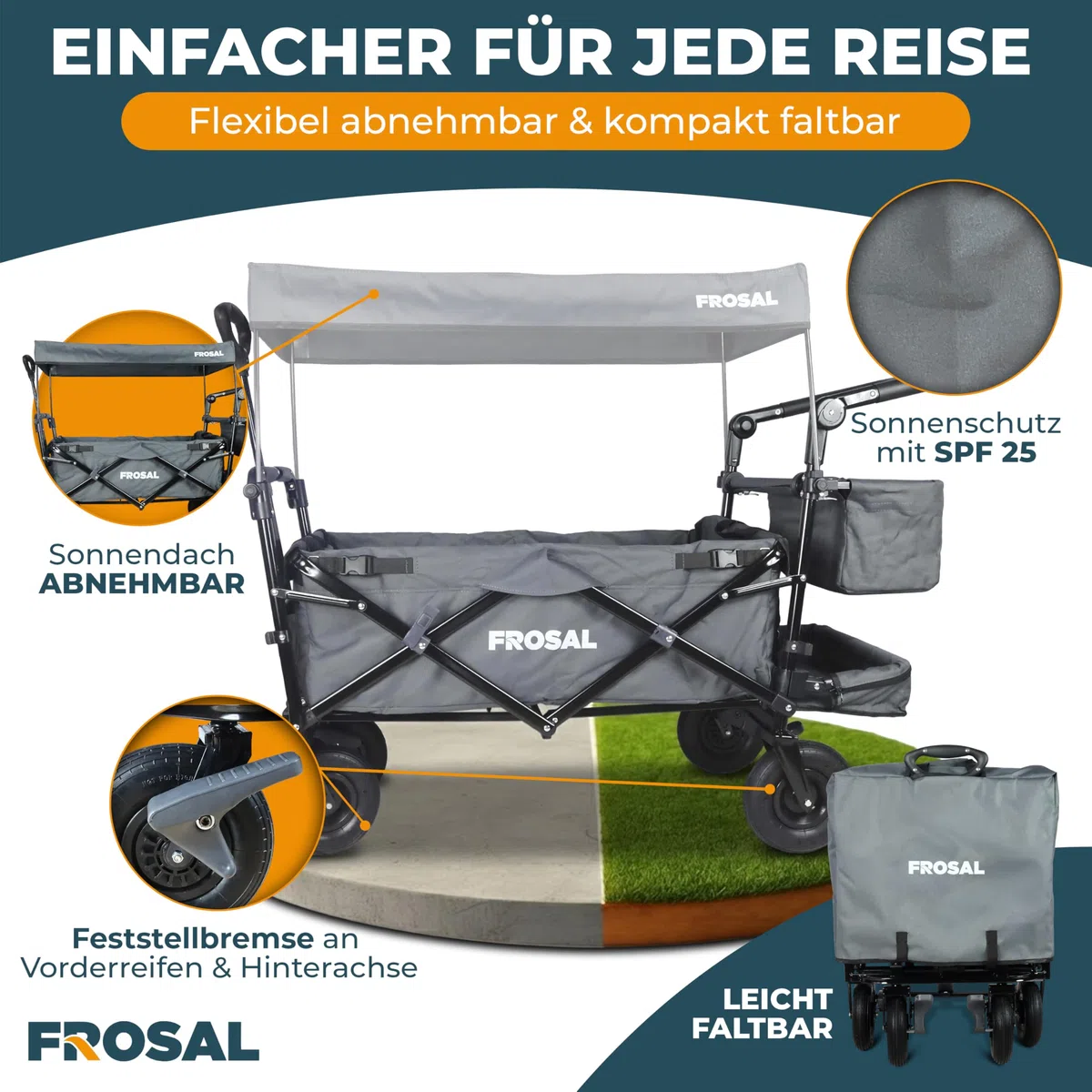 FROSAL Bollerwagen Leo faltbar mit Luftreifen & Dach – Handwagen klappbar für Strand, Camping & Garten – 80kg belastbar – mit Bremse, Schiebegriff & Zugstange – Transportwagen Kinder grau