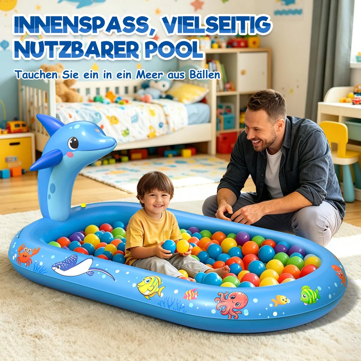 Planschbecken für Kinder, 3 in 1 Delfin Kinderpool, Planschbecken Baby, Watermatte für Kind, Verdicktes Material mit Wasserschlauch, Sommer Garten Wasserspielzeug für Jungen und Mädchen ab 1 Jahr