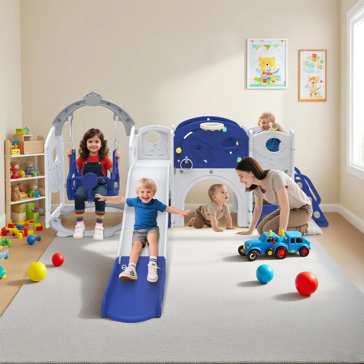 Aufun 7-in-1 Kinderrutsche für Kleinkinder, Multifunktionales Spielset mit Schaukel, Rutsche, Basketballkorb, Tunnel, Stauraum, Kletterleiter, Werkzeugfreie Montage Freistehenderutsche Spielzeug