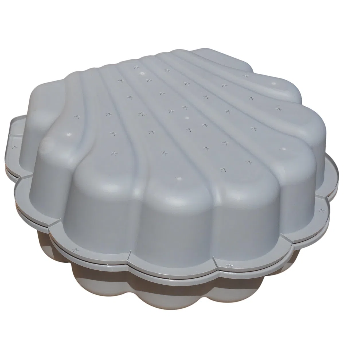 Sand- und Wassermuschel 2-teilig Grau mit Sterne-Prägung – Sandkasten & Wasserspielbecken für Kinder 1–6 Jahre – Muschel mit Abdeckung für Garten, Terrasse & Outdoor – 86 x 77 x 17,5 cm
