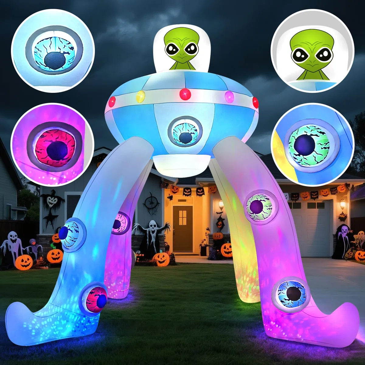 Kalolary 12FT Halloween Hüpfburgen, riesiger Alien Bogen mit integrierten bunten Blinklichtern,Halloween Dekoration für den Außenbereich, für Garten, Rasen und Innenräumer (Alien UFO Torbogen)