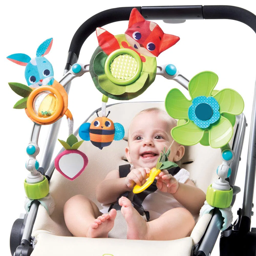 Tiny Love Sunny Stroll Spielbogen mit interaktivem Rasselspielzeug, nutzbar ab 0 M +, mit flexiblen Universal Clips passend für die meisten Kinderwagen, Meadow Days