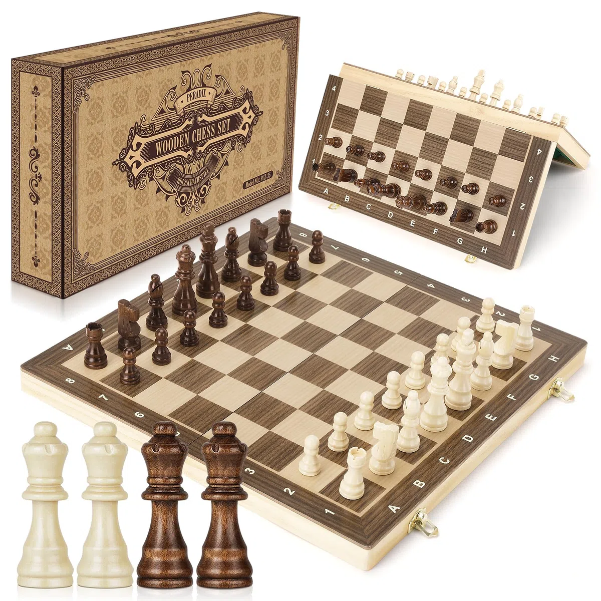 Peradix Magnetisch Schachspiel aus Holz - Klappbares Schachbrett 38x38cm mit 2 Königin-Stücken - Schach für Erwachsene und Kinder