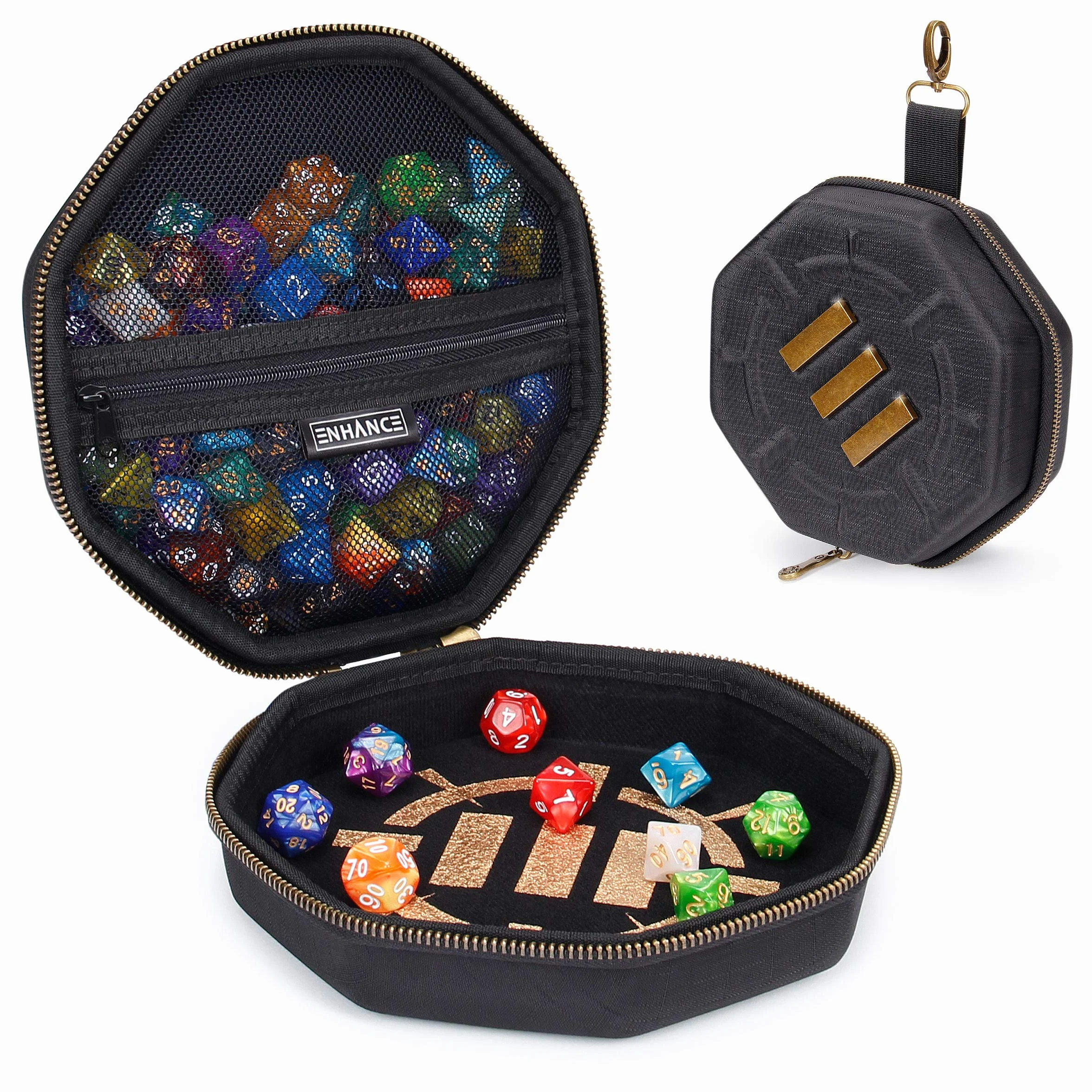 ENHANCE DnD-Würfeltablett und Etui - Würfelhalter für 150 Shaker mit harter Außenschale, weicher Innenpolsterung und Rolltablett - ideal für Spieleabende und Schutz der Würfel (Schwarz)