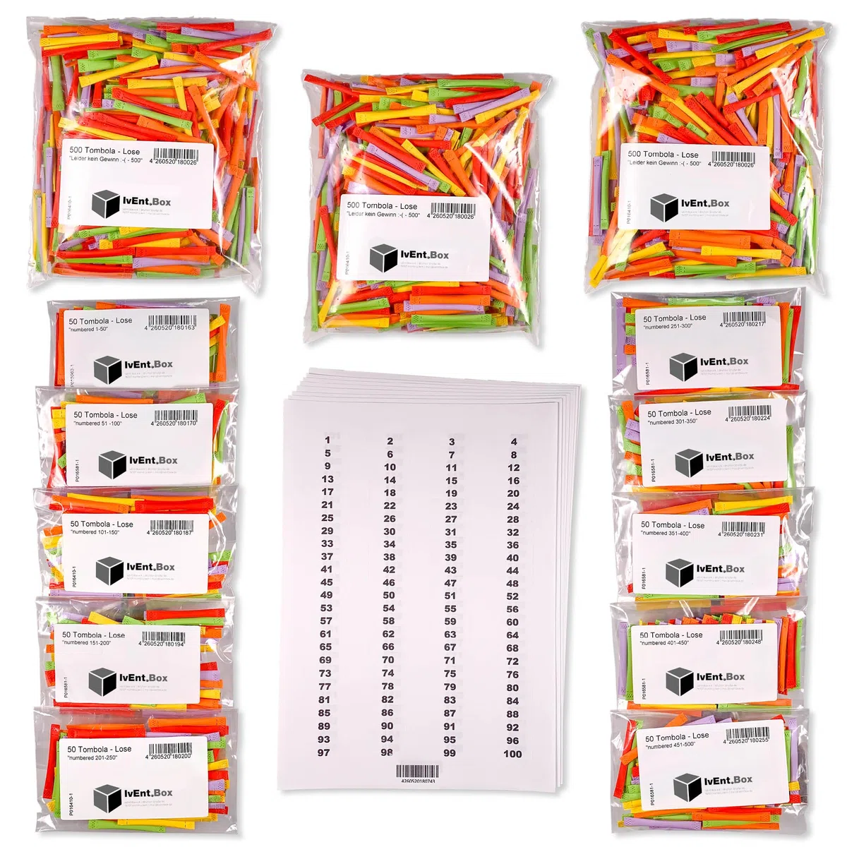 Tombola Lose - Regenbogenlose SET | 1-500 Gewinne | 1500 Nieten | inkl. Aufklebenummern | bunt gemischt