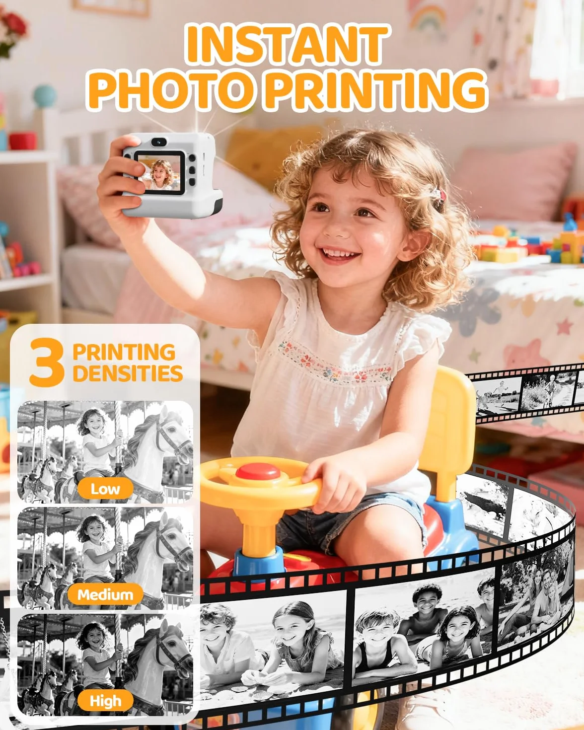 CalineGam Kinderkamera Sofortbildkamera, 1080P HD Sofortbildkamera Kinder mit 32 GB Karte und 3 Papierrollen, Kinderspielzeug mit Zwei Objektiven, Geschenke für Jungen & Mädchen von 3-12 Jahren