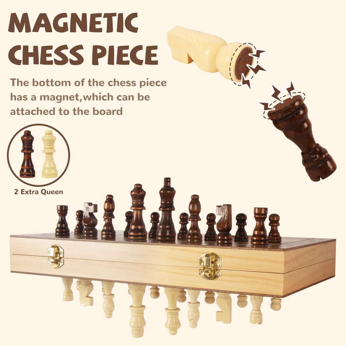 WOODENFUN Schachspiel Magnetische Holz für Erwachsene und Kinder Faltbares Schachbrett 40x40cm Tragbares Schachspiel Nuss- und Kiefernholz(Braun Große Faltung)